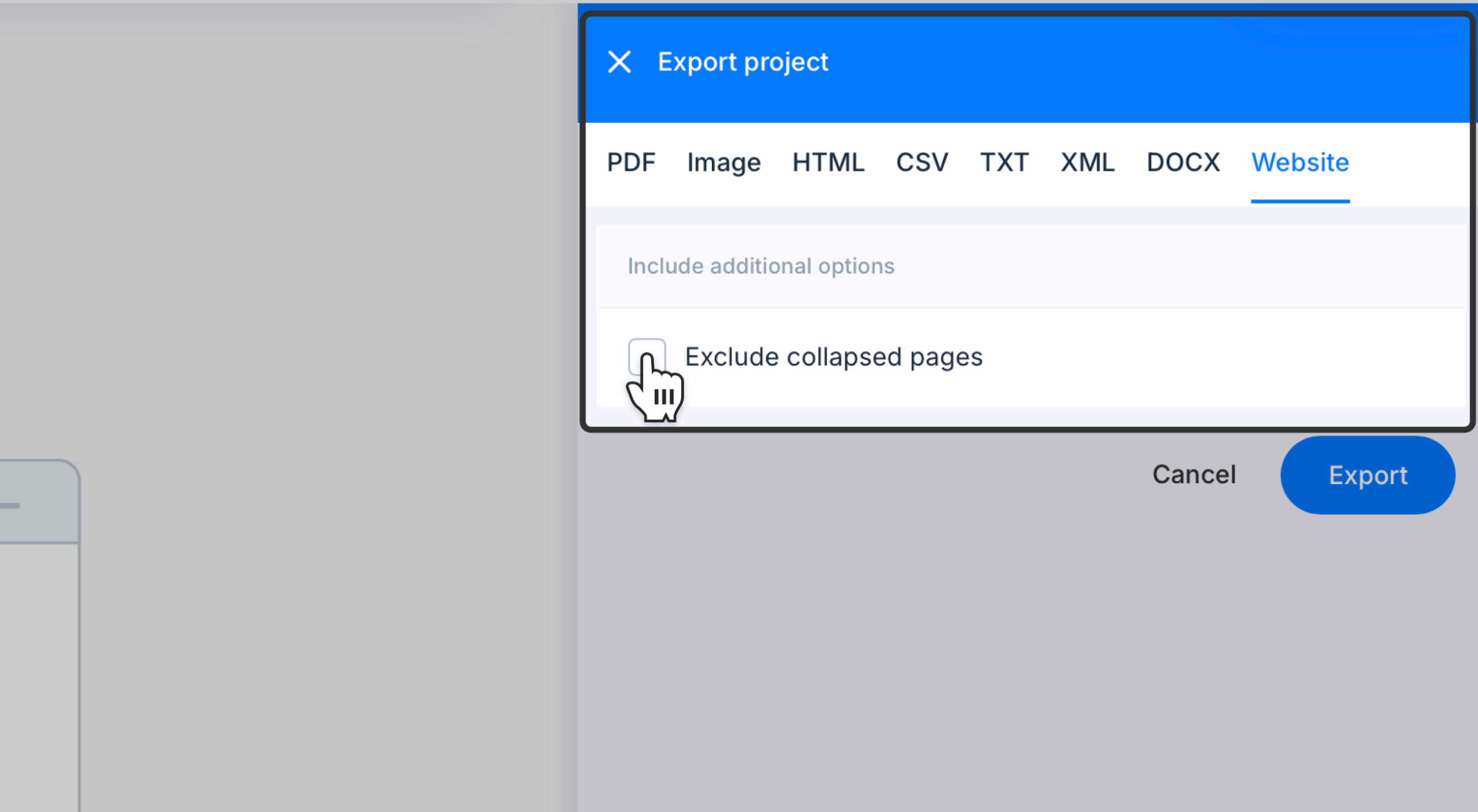 exclude collapsed pages option hovered on on export panel scaled