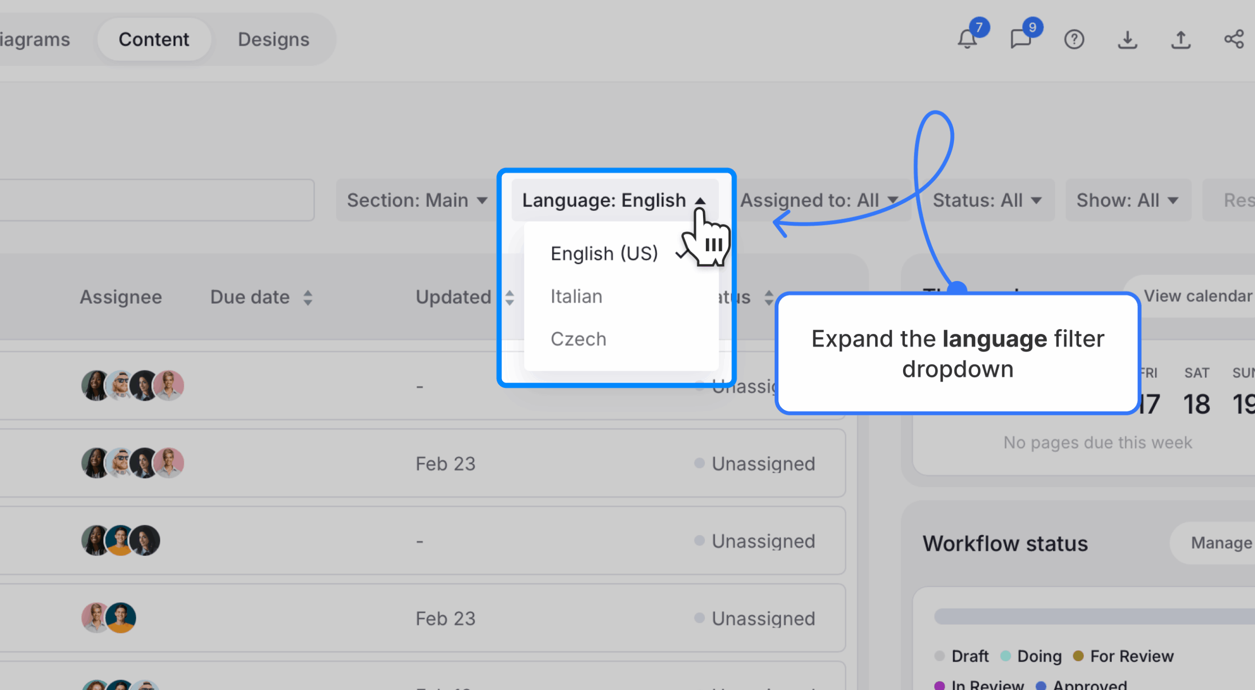 Content dashboard with language filter dropdown highlighted