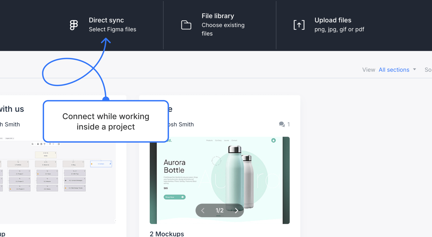 Connecting a Figma account from the project Designs tab using Direct sync