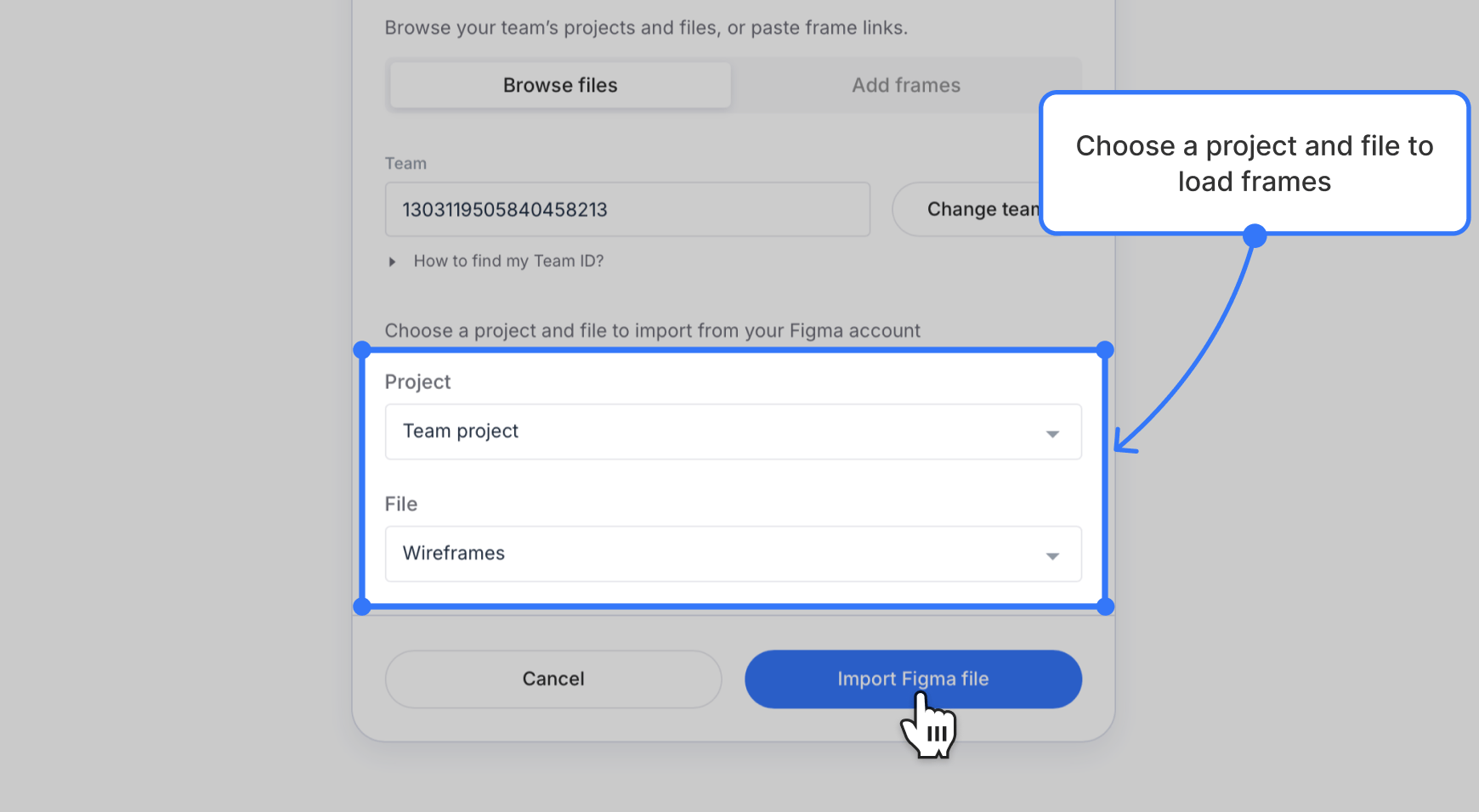 Import from Figma modal after connecting, showing Project and File dropdowns.