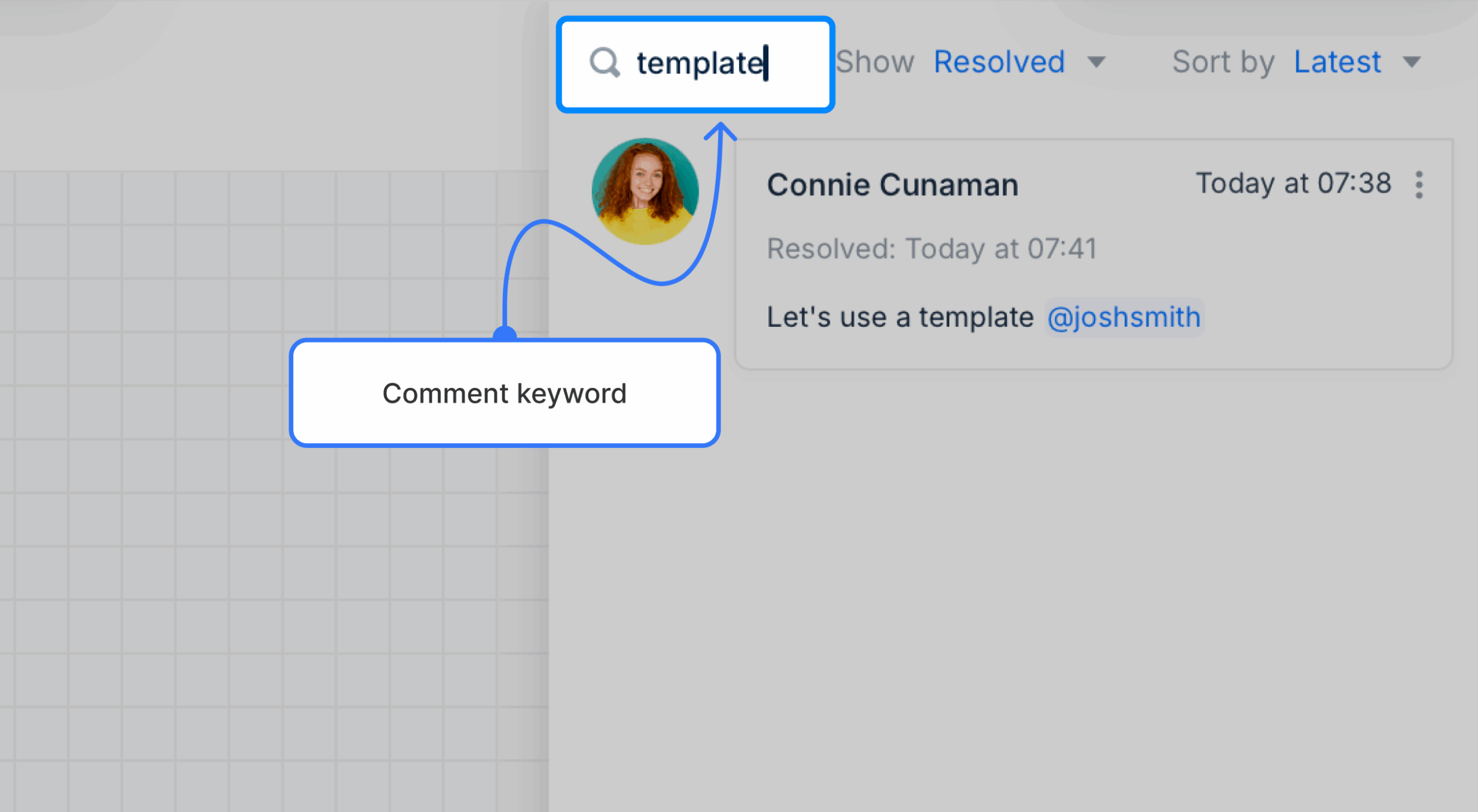 A keyword comment filter highlighted on a diagram comment panel