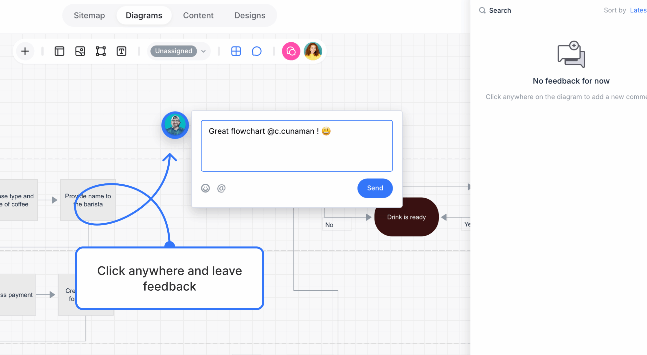 floating comment posted on diagram canvas with caption scaled