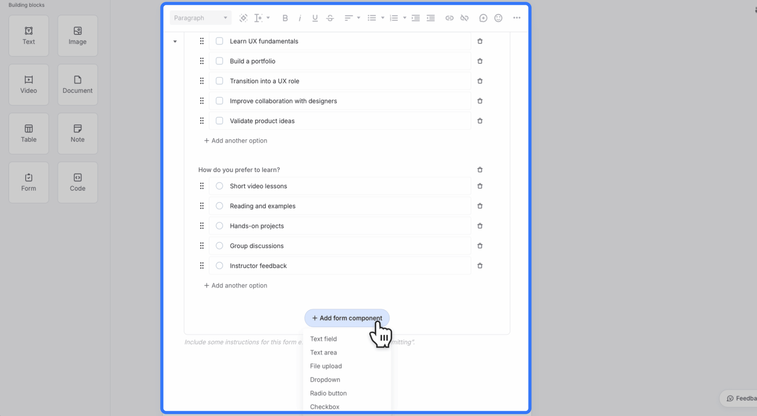 A highlighted form builder with multiple options provided and a context menu expanded
