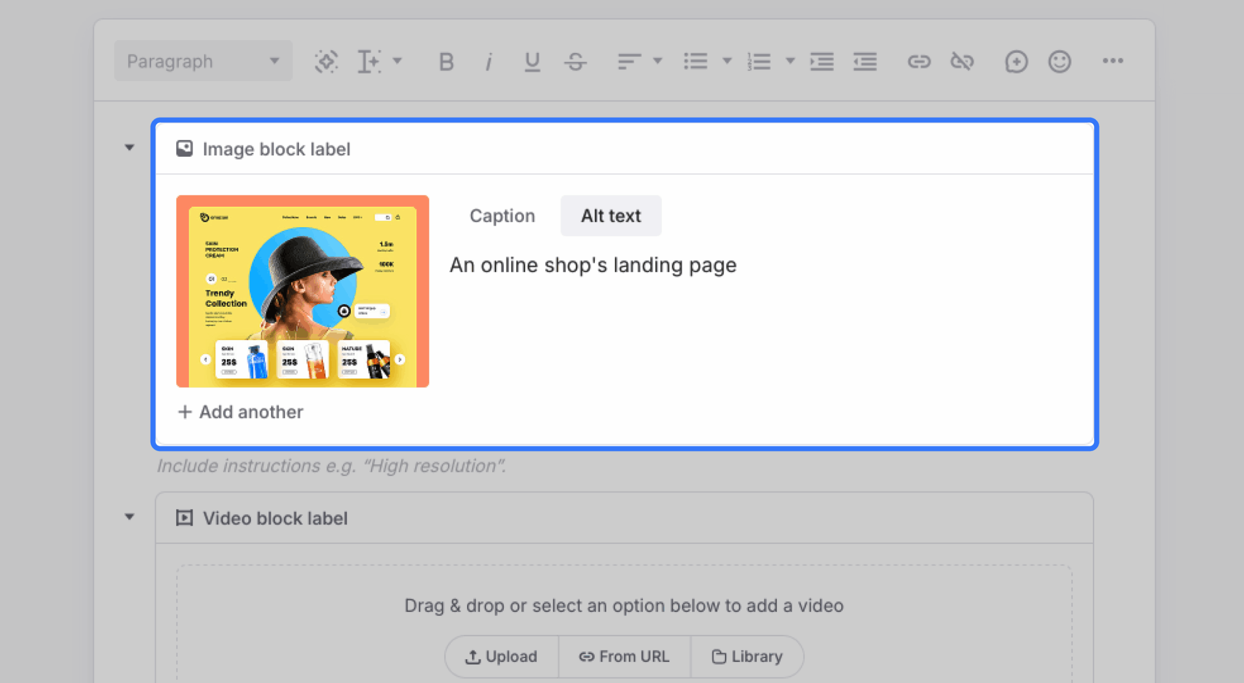 Image block with a sample image, alt text, and caption