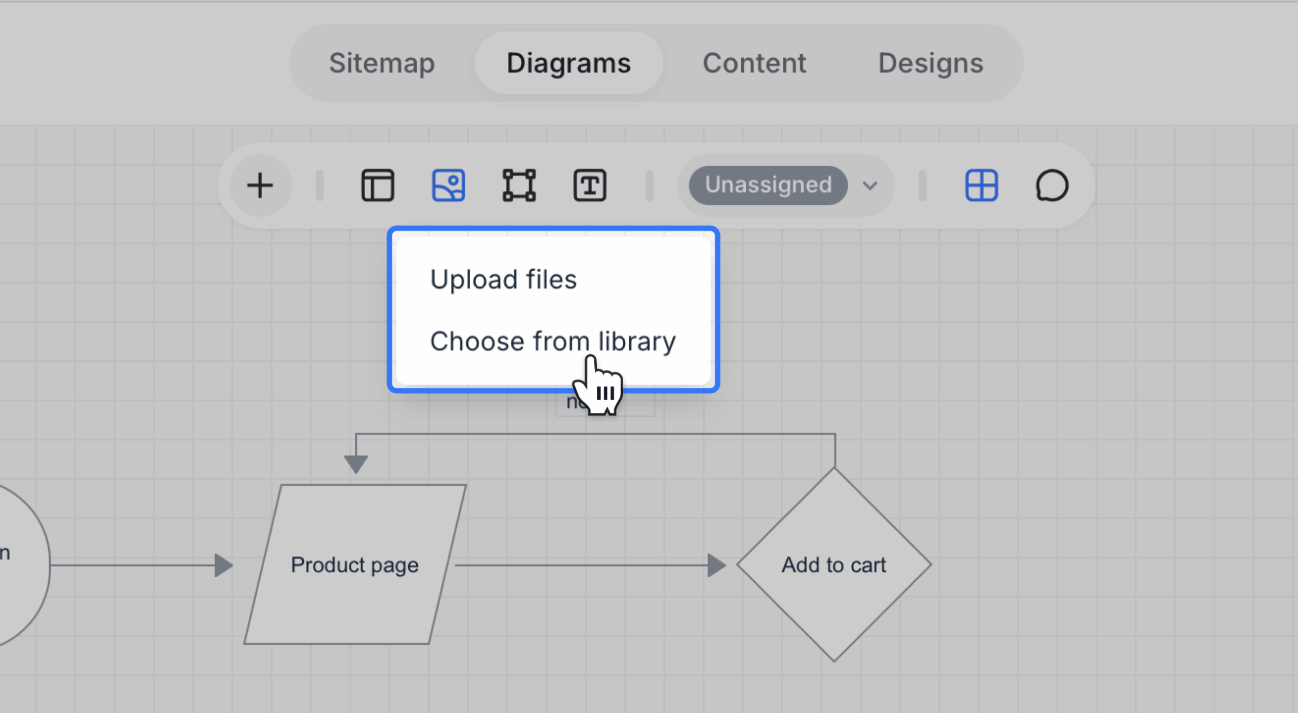 image upload dropdown from diagram toolbar with two options scaled