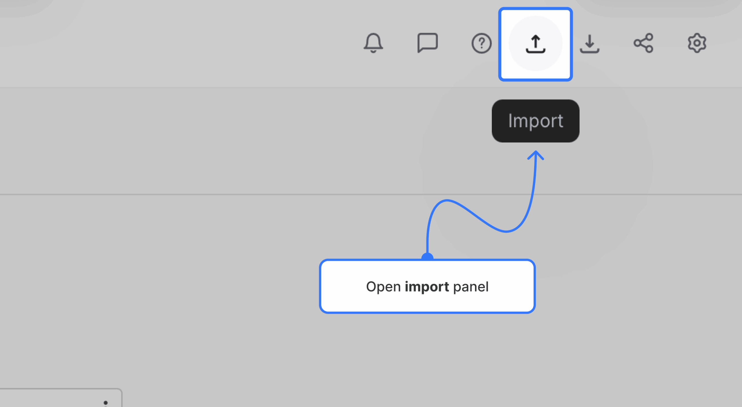 Import icon framed in blue on a sitemap navigation bar.