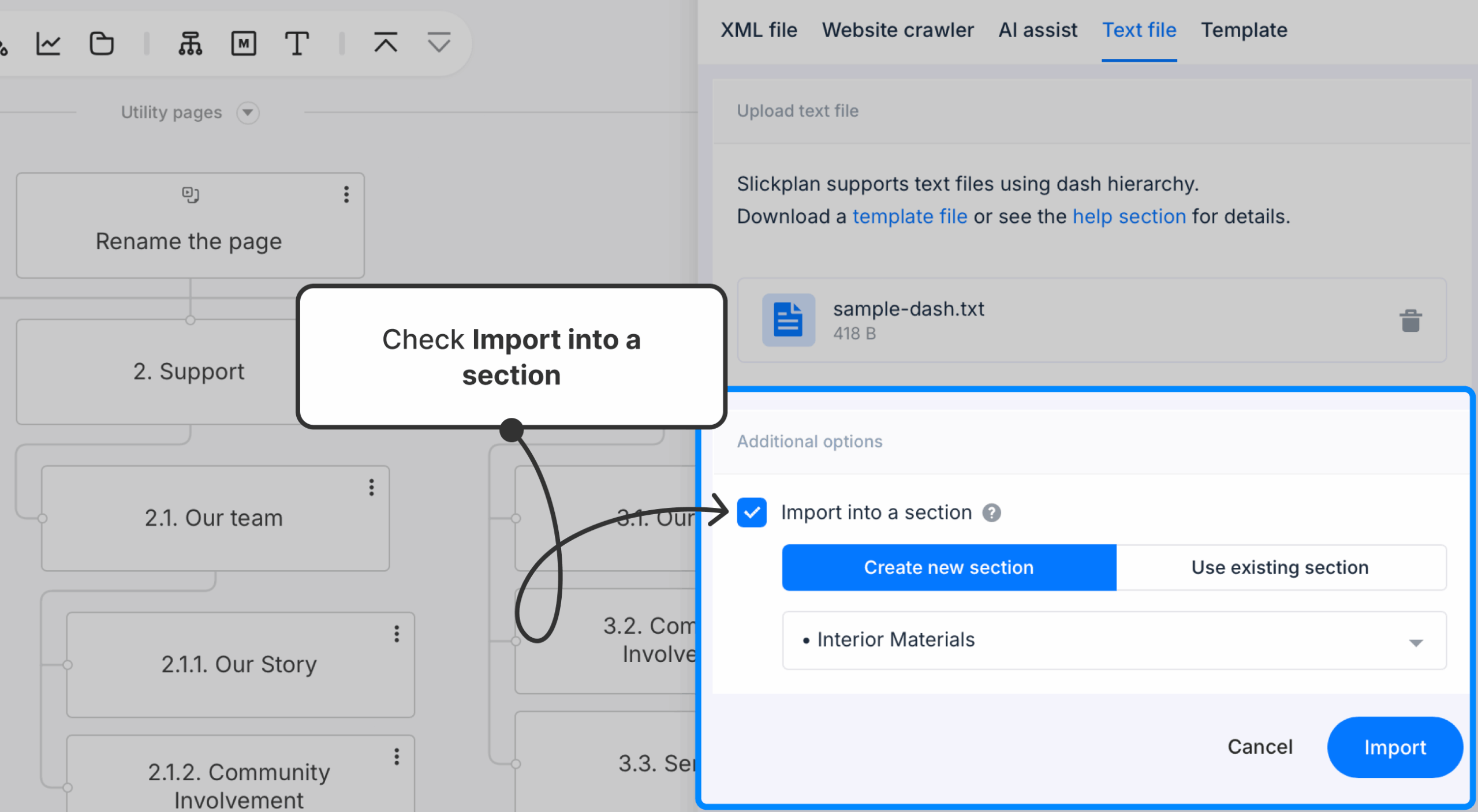 A text file import panel open with a checkbox selected.