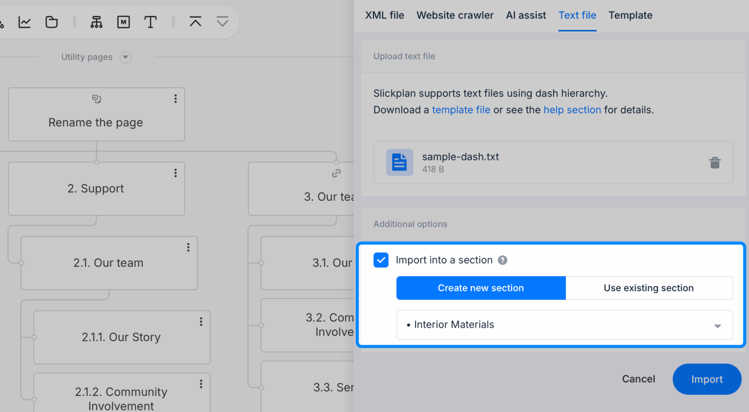A section selection area highlighted on text import panel