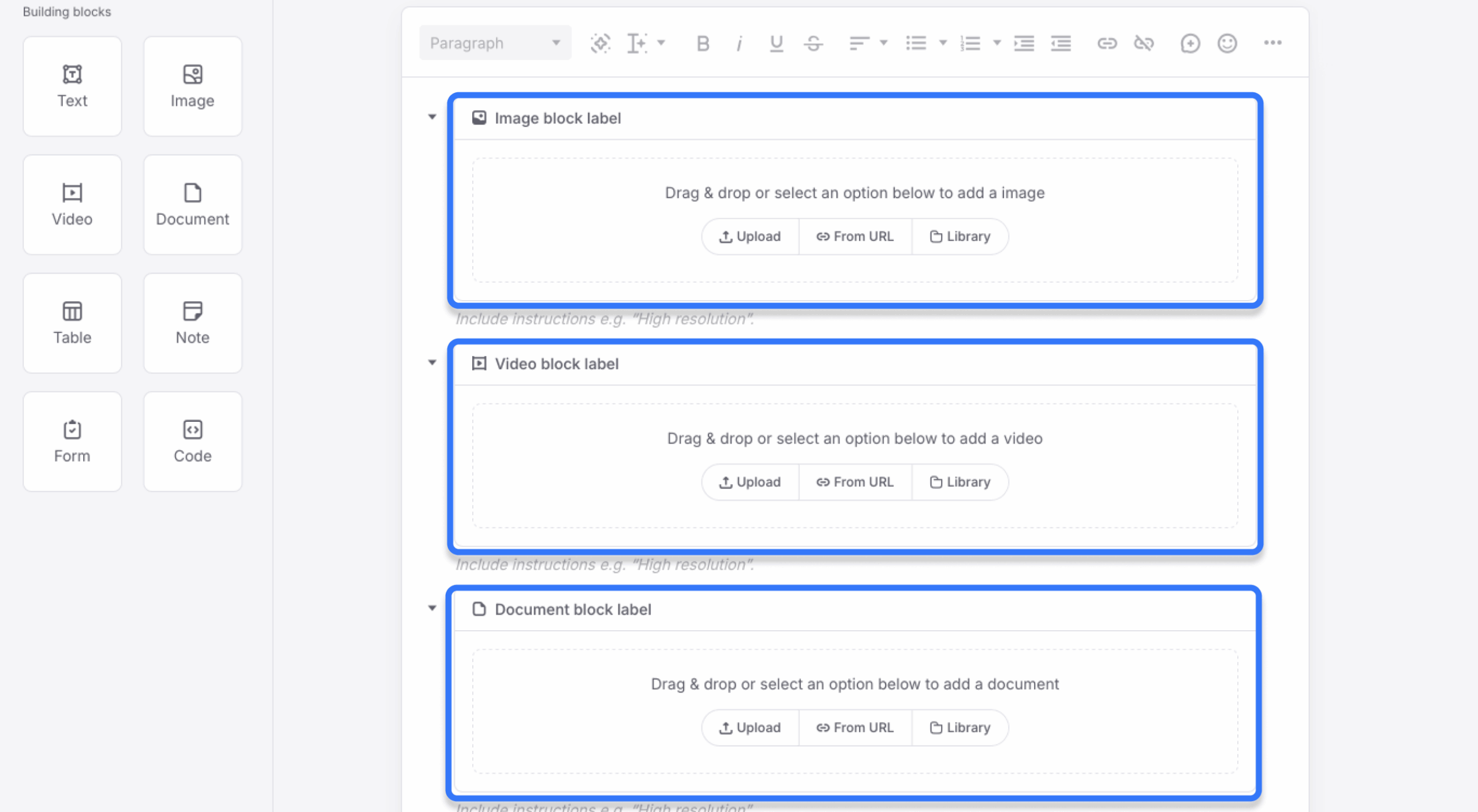Image, Video, and Document blocks stacked with no files uploaded