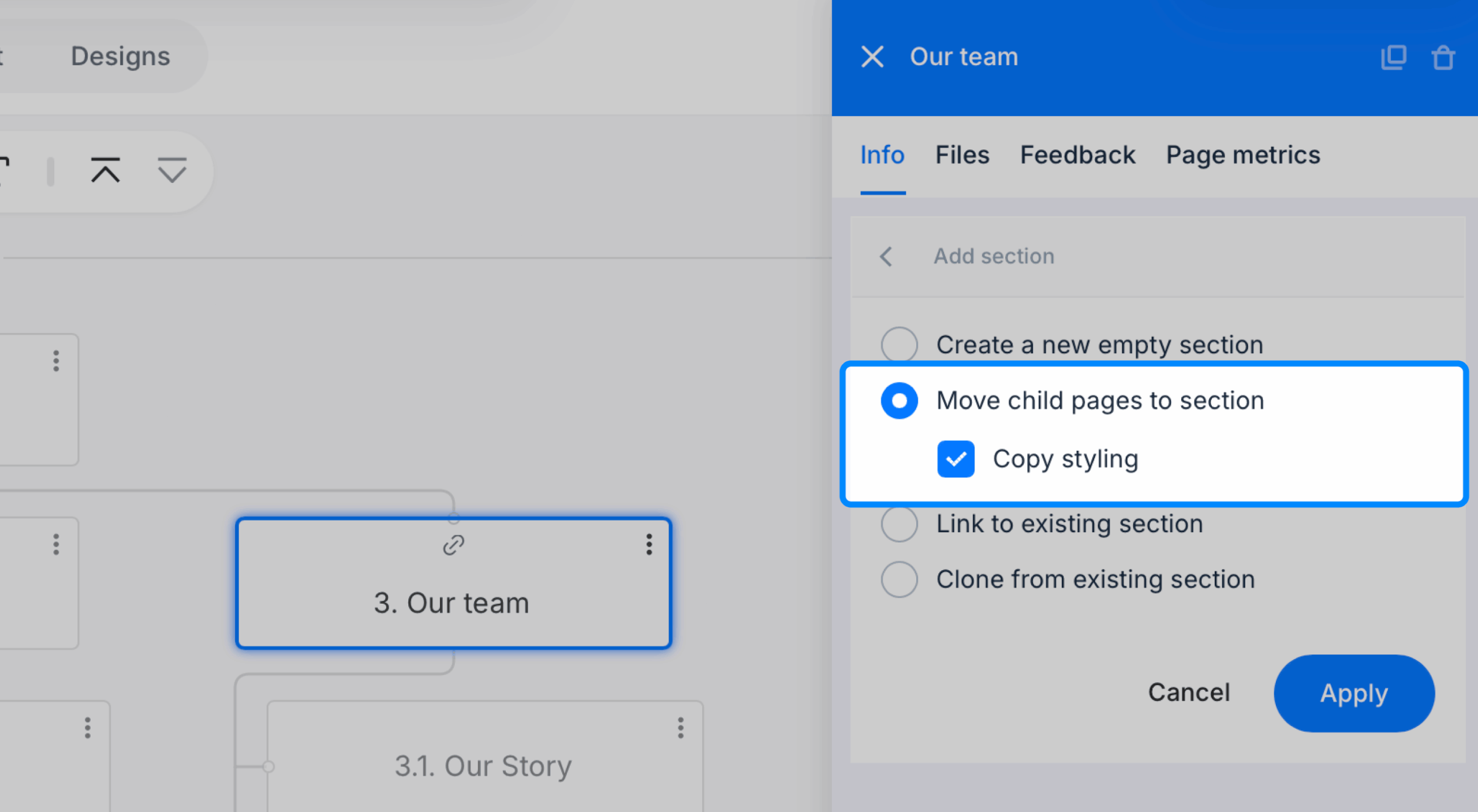 the move child pages to sections options selected