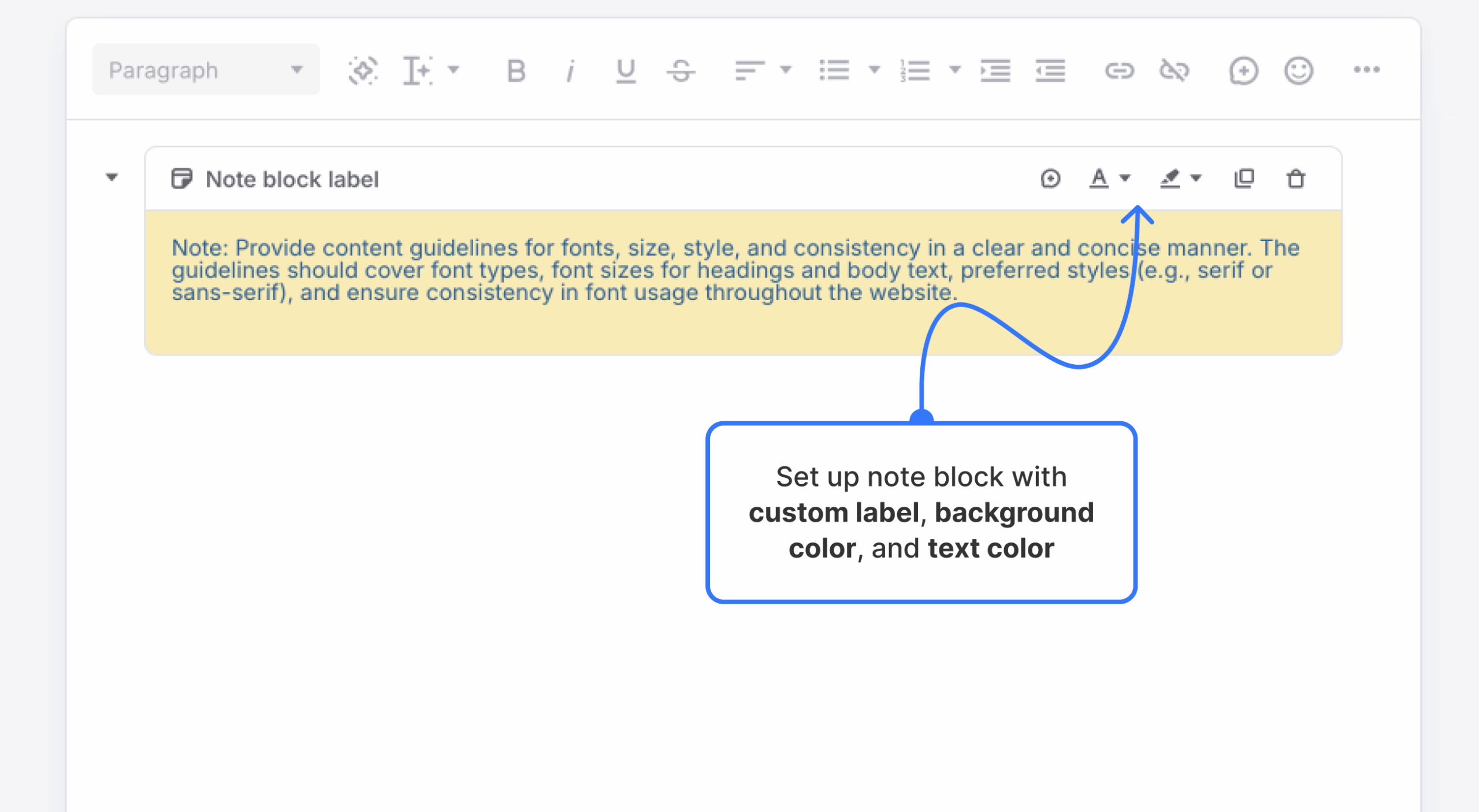 Notes block with custom label, background color, and text color applied