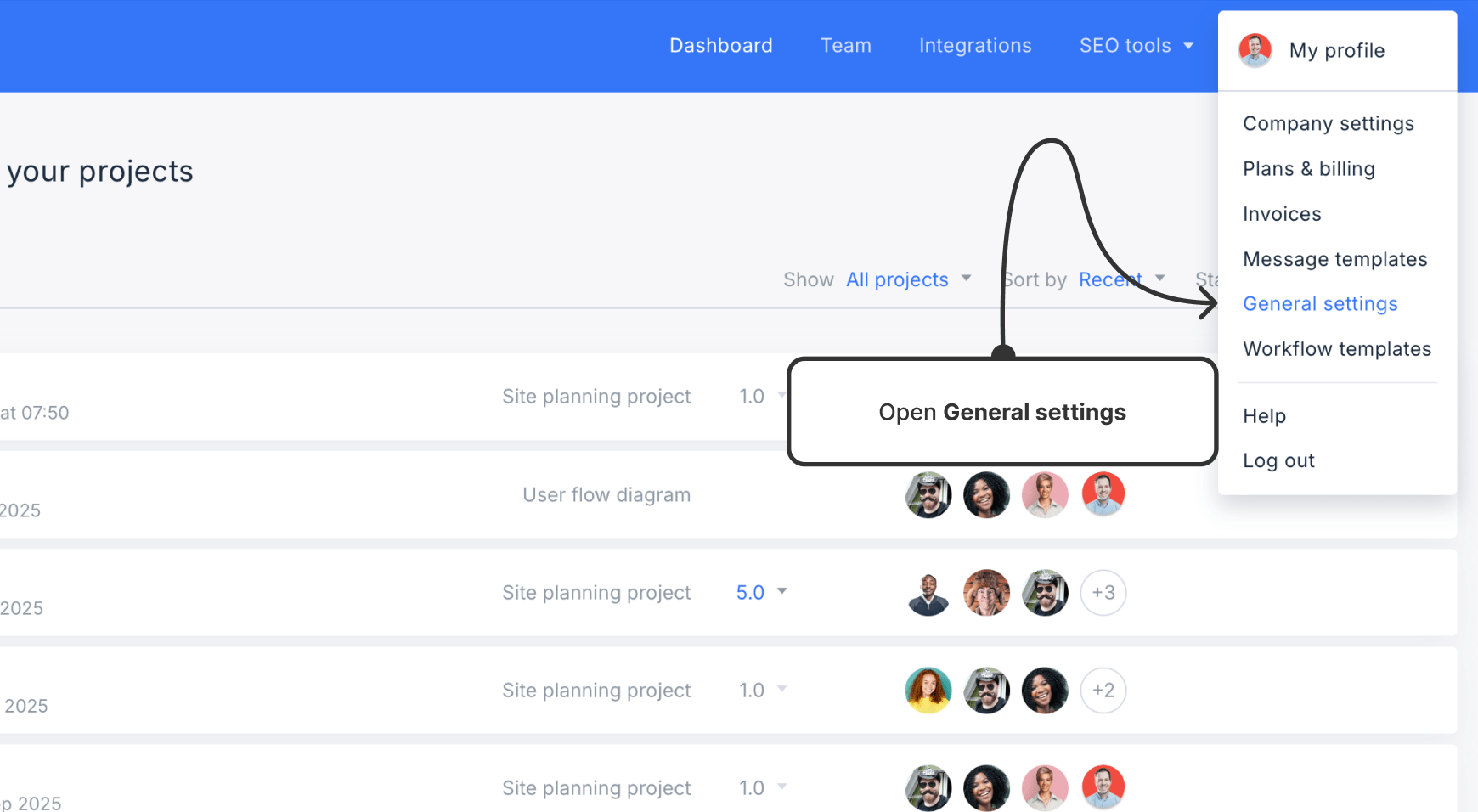 My profile menu dropdown expanded with general settings selected