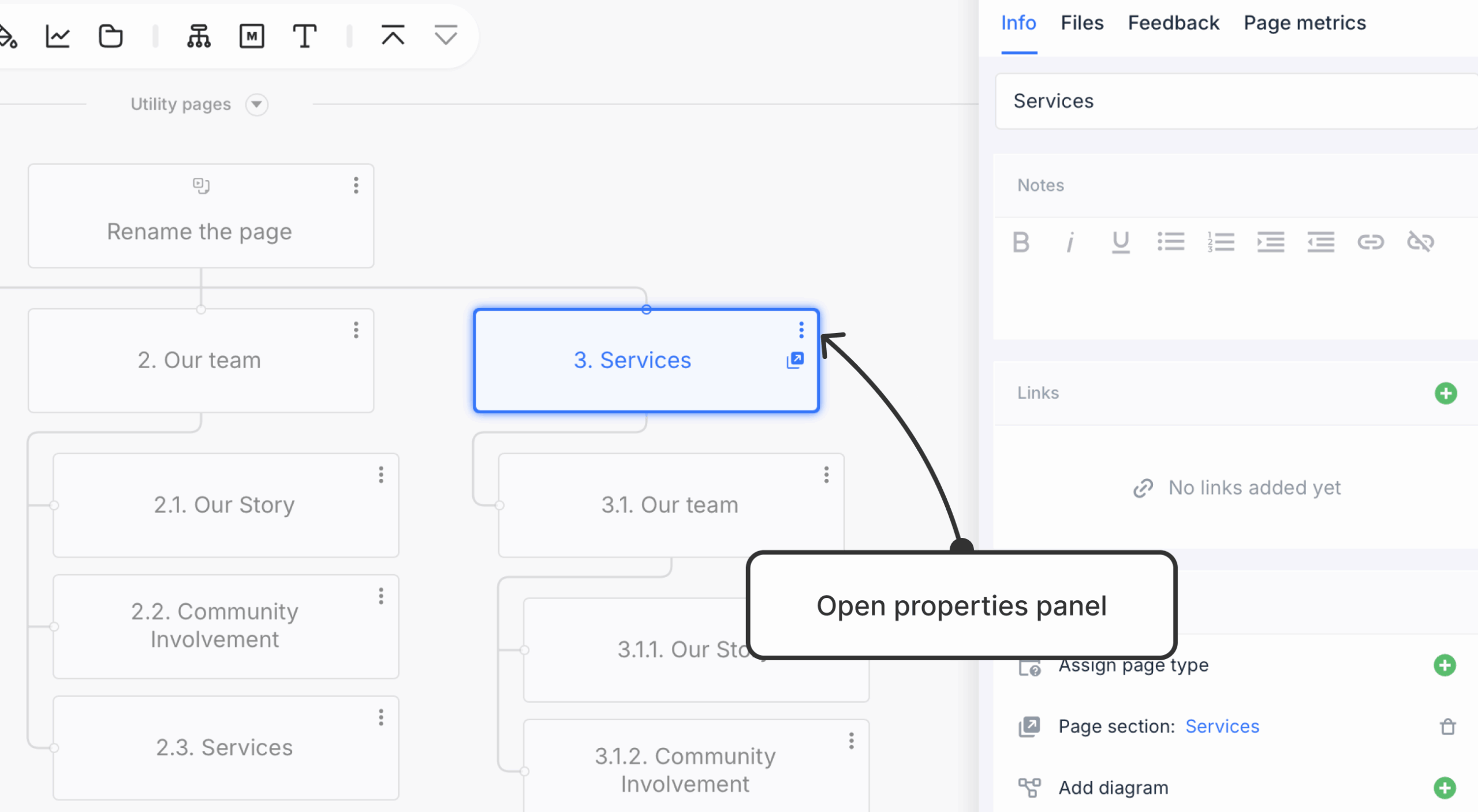 opening properties panel of page with section scaled