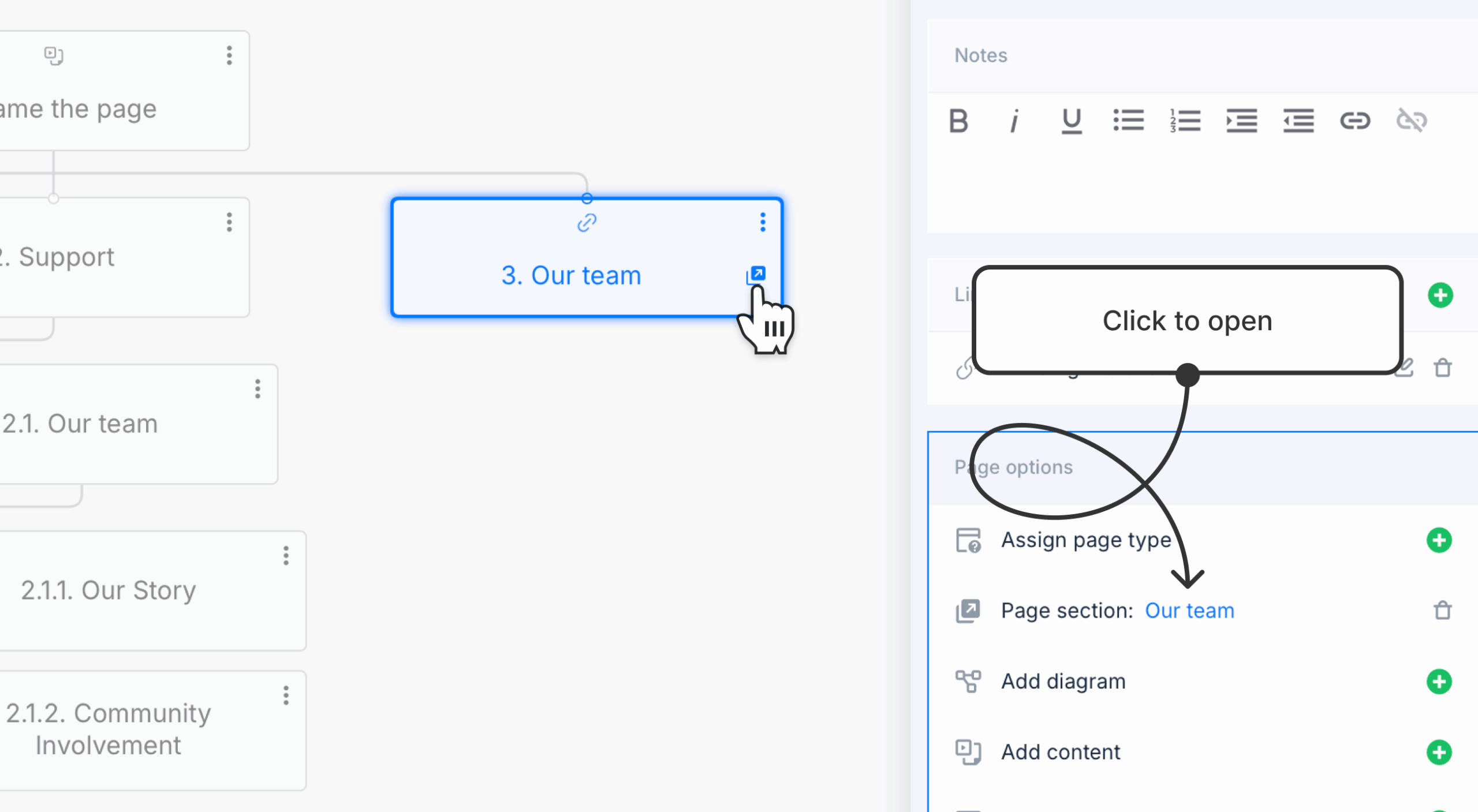 opening a newly created section from a page properties panel
