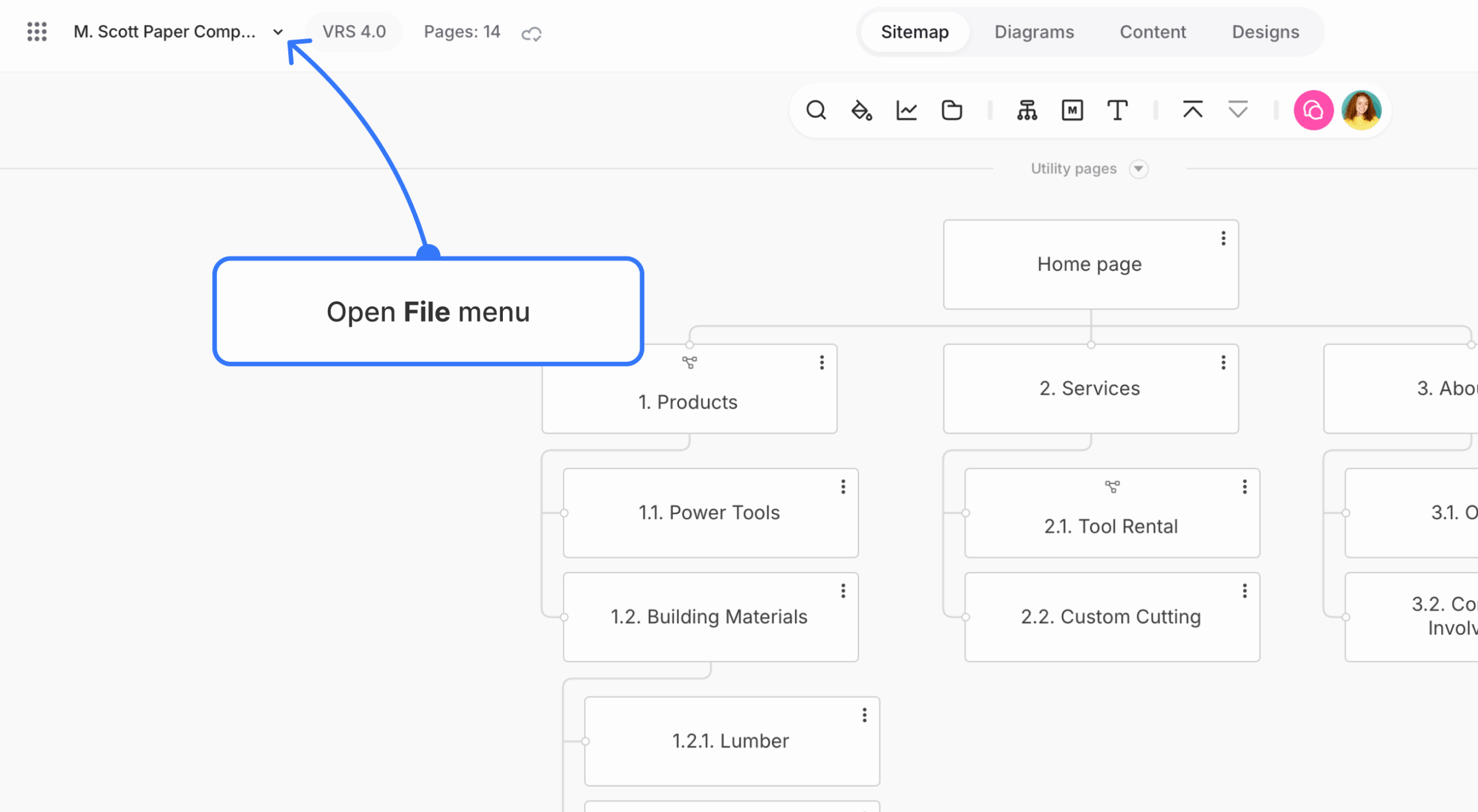 Arrow pointing on siteplanning project's file menu in the upper left