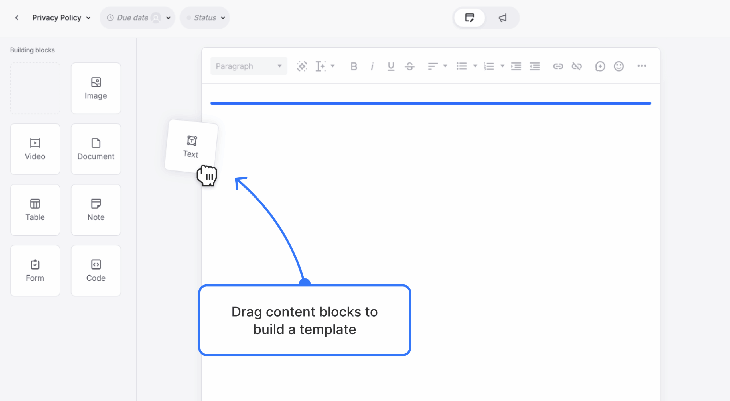 Template editor workspace with draggable content blocks