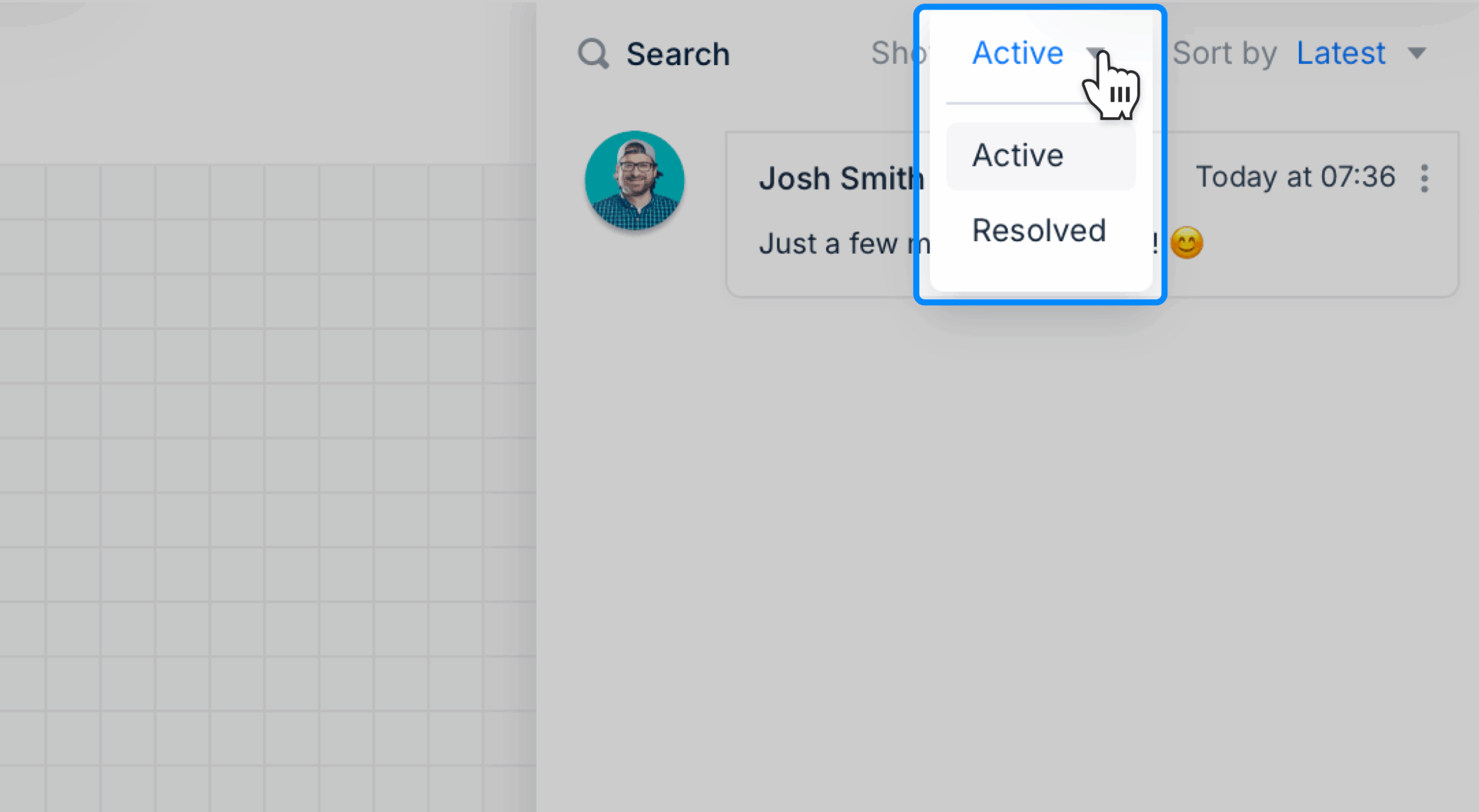 a comment filter dropdown open on a diagram comment panel.