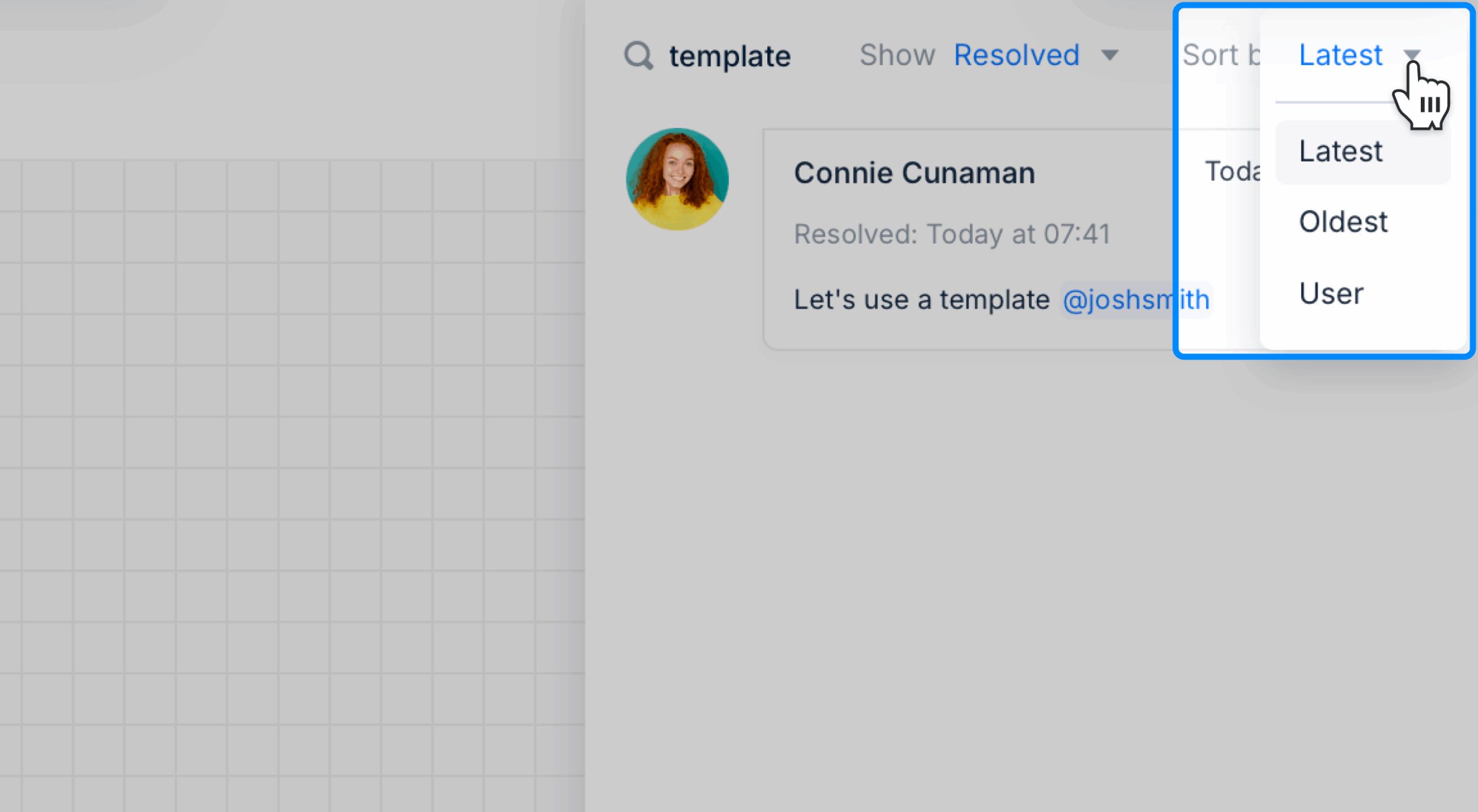 A sort by filter highlighted on a diagram comment panel