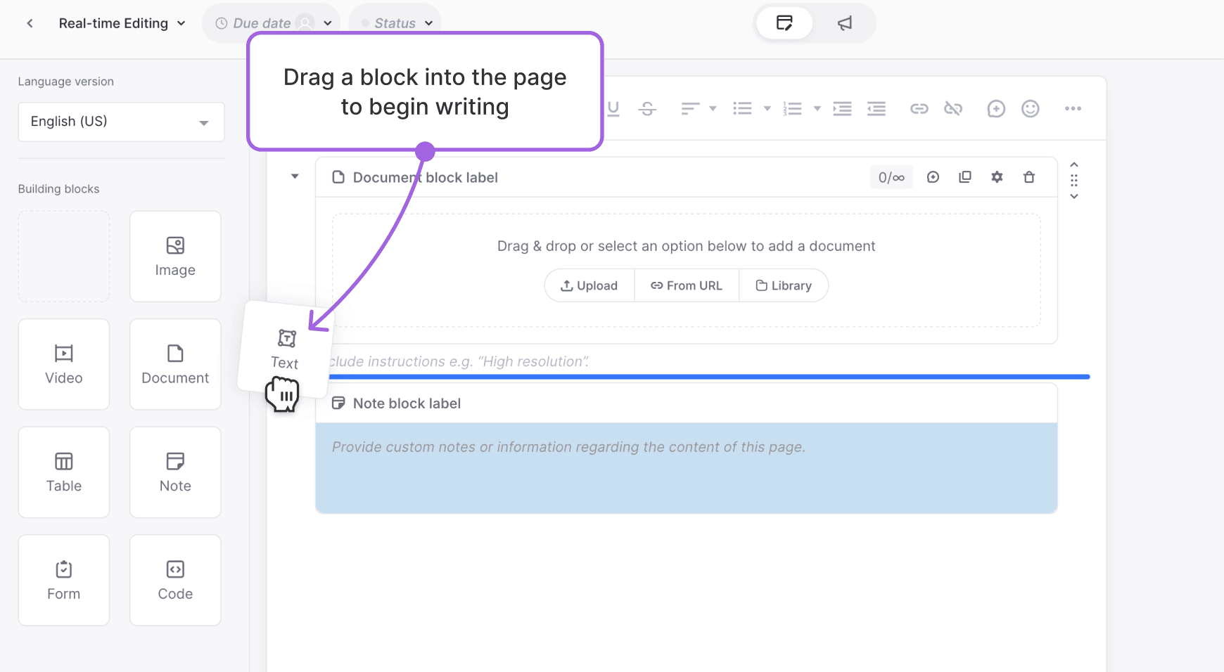Page editor open with left-side block toolbar visible