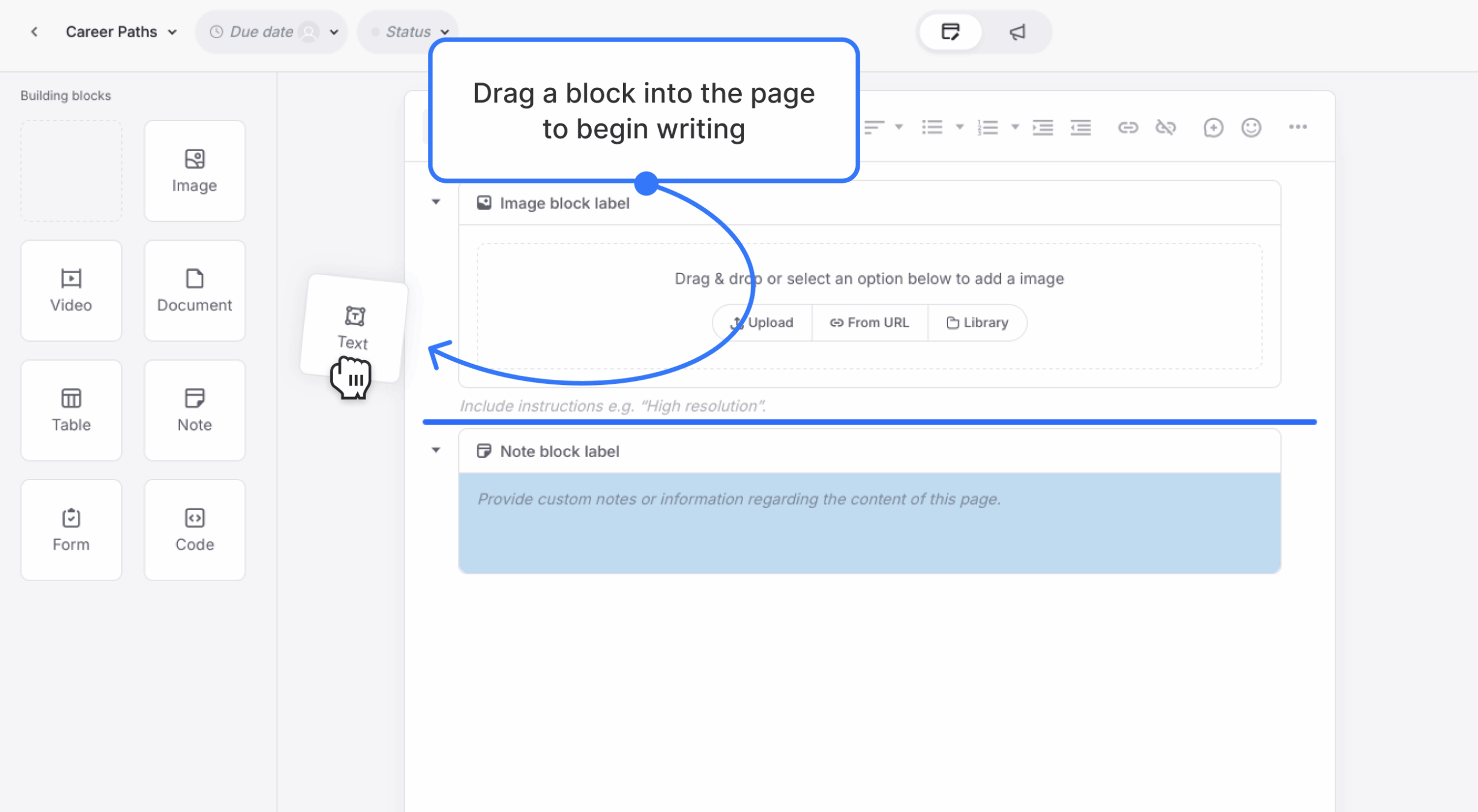 Page editor open with left-side block toolbar visible and text block being dragged