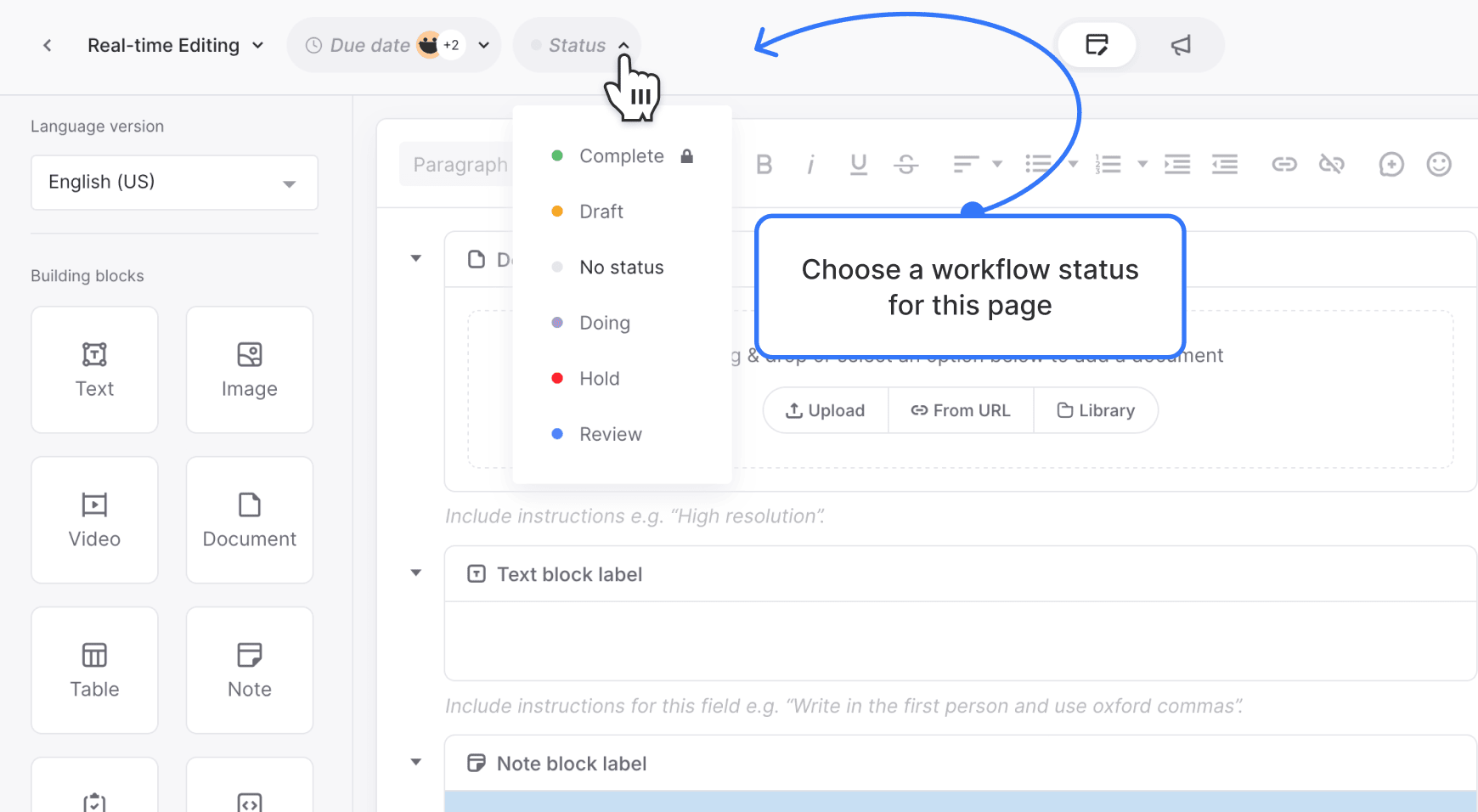 Content Planner page editor, with the assignment and scheduling tab open, and the status dropdown menu visible