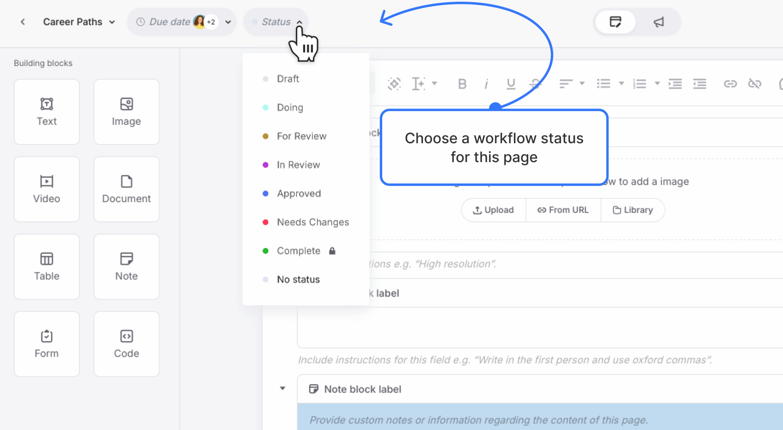 Content Planner page editor with the status dropdown menu visible