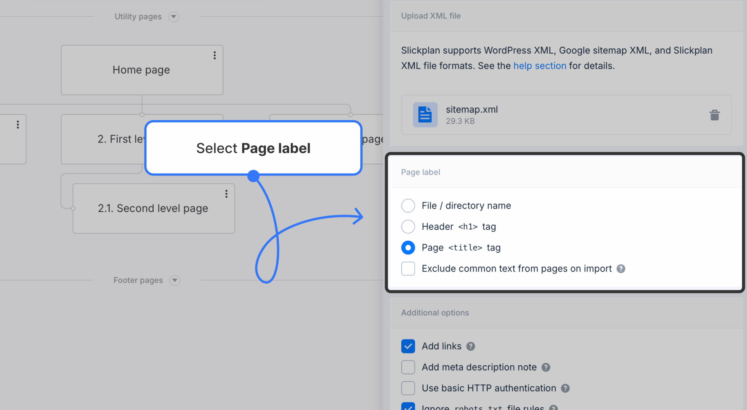 Page text options highlighted for importing google xml file