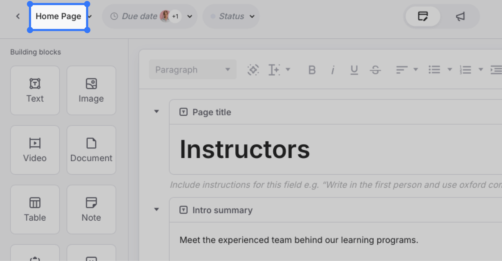 A specific page opened within the Content Planner editor, page title highlighted