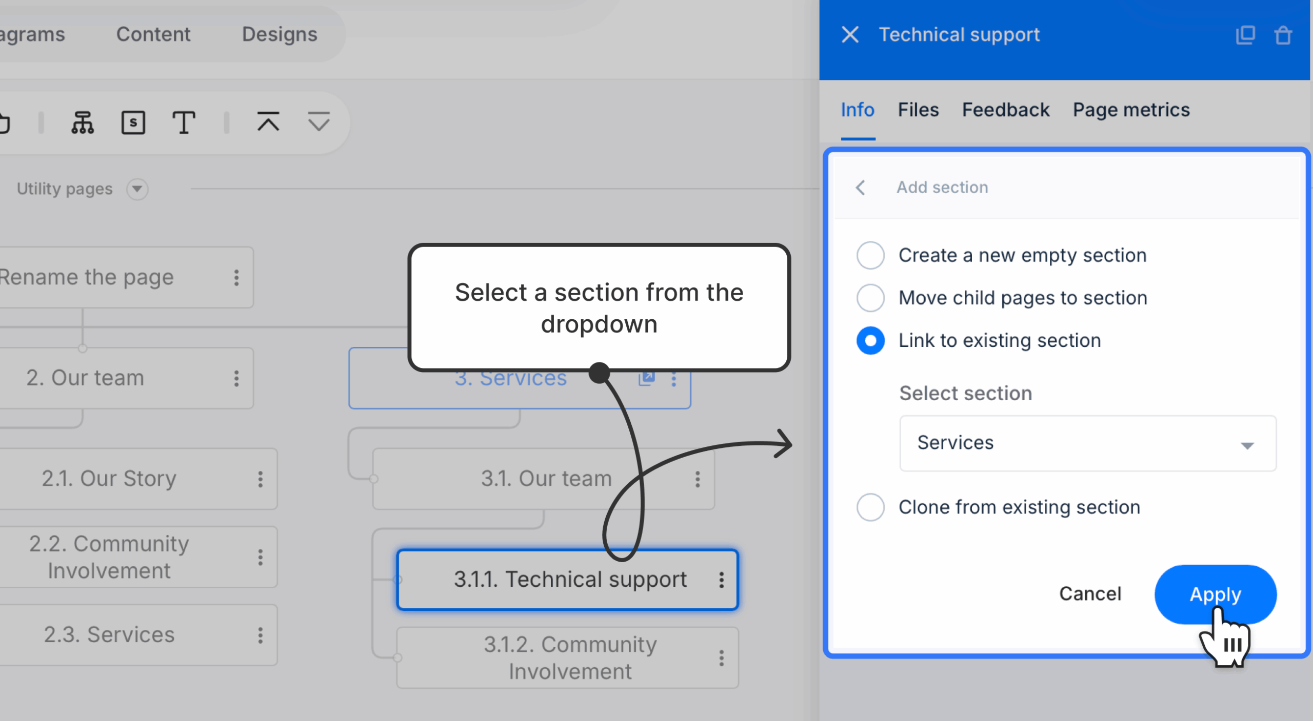 page properties panel with linking page to section scaled