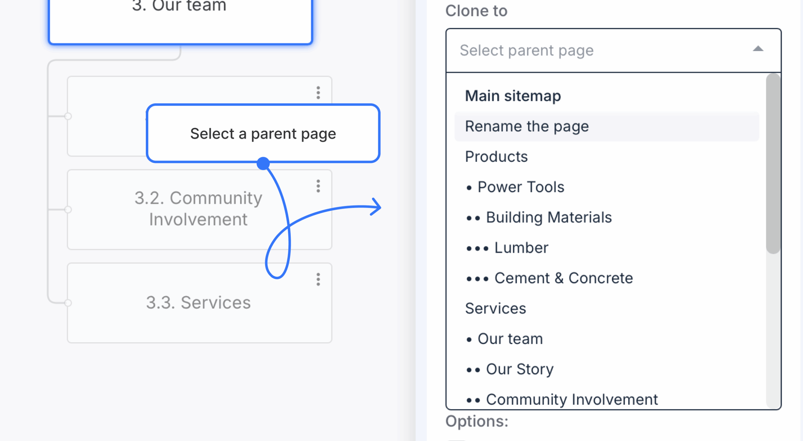 page properties panel with parent page dropdown expanded scaled