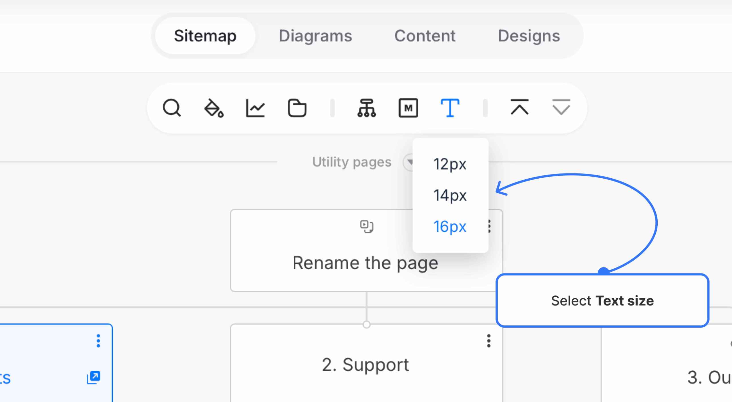 page text size dropdown open on stemap toolbar scaled