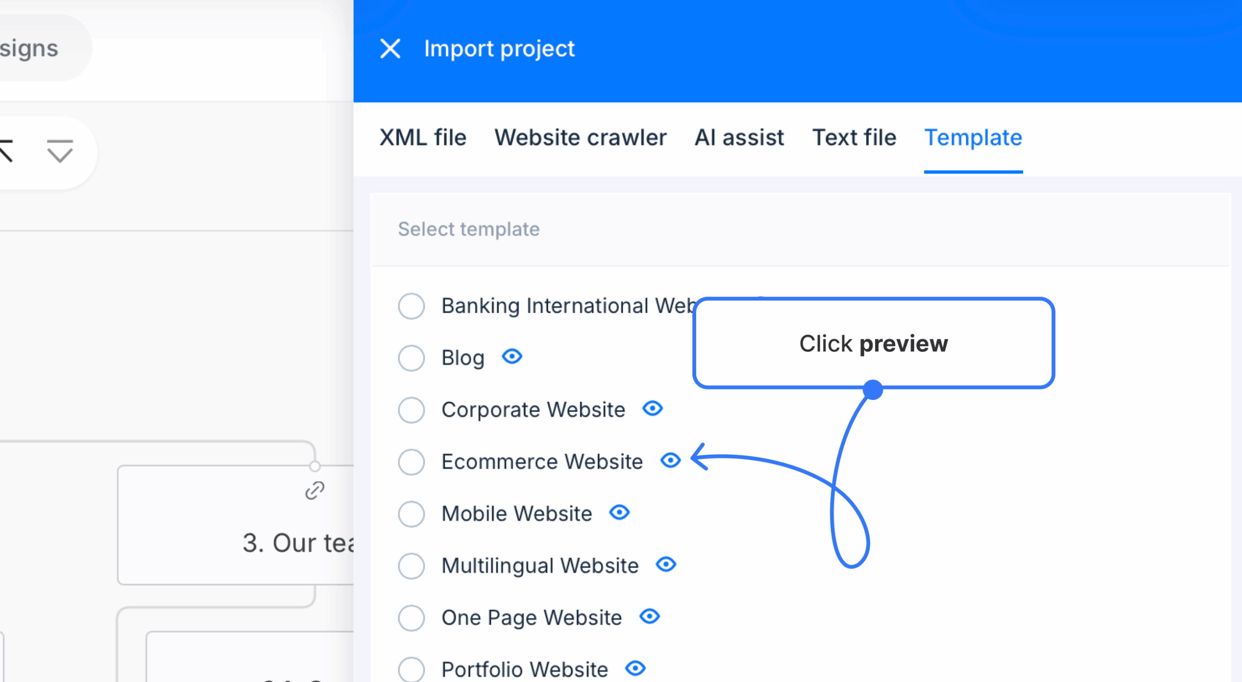preview icon selected on import tab open on project import panel scaled