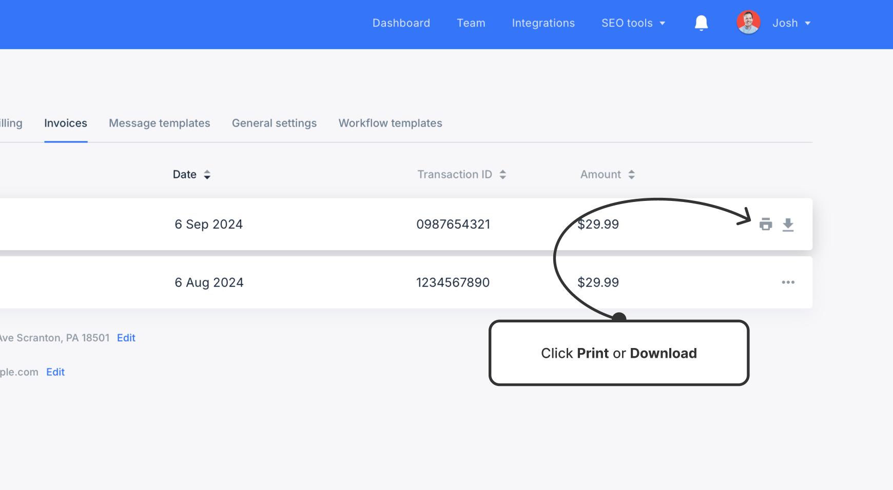 A view of invoices listed in Slickplan's Invoice panel