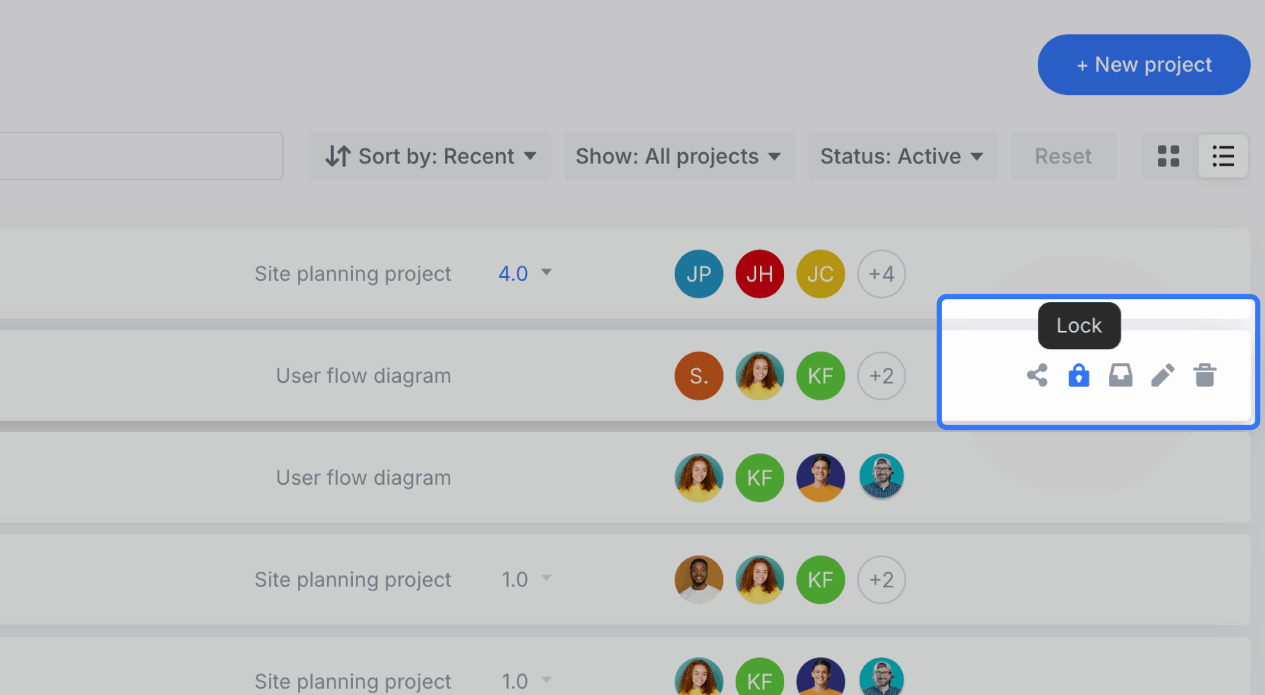 project dashboard with lock icon hovered on scaled