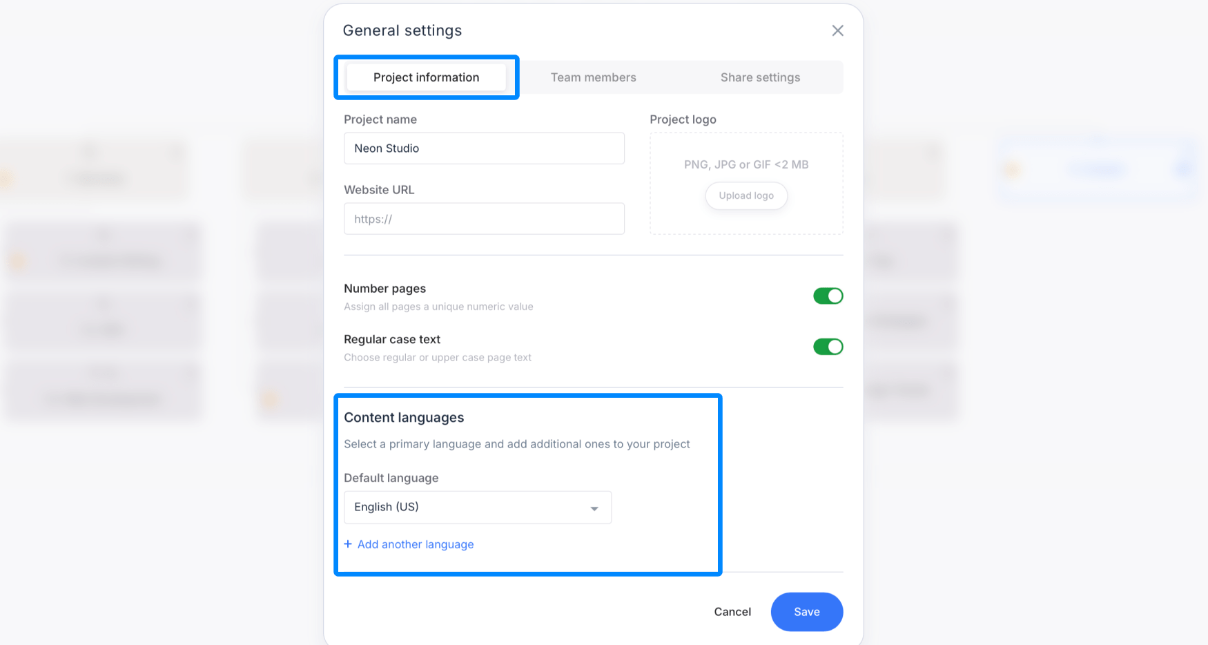 project general settings with language section bounded