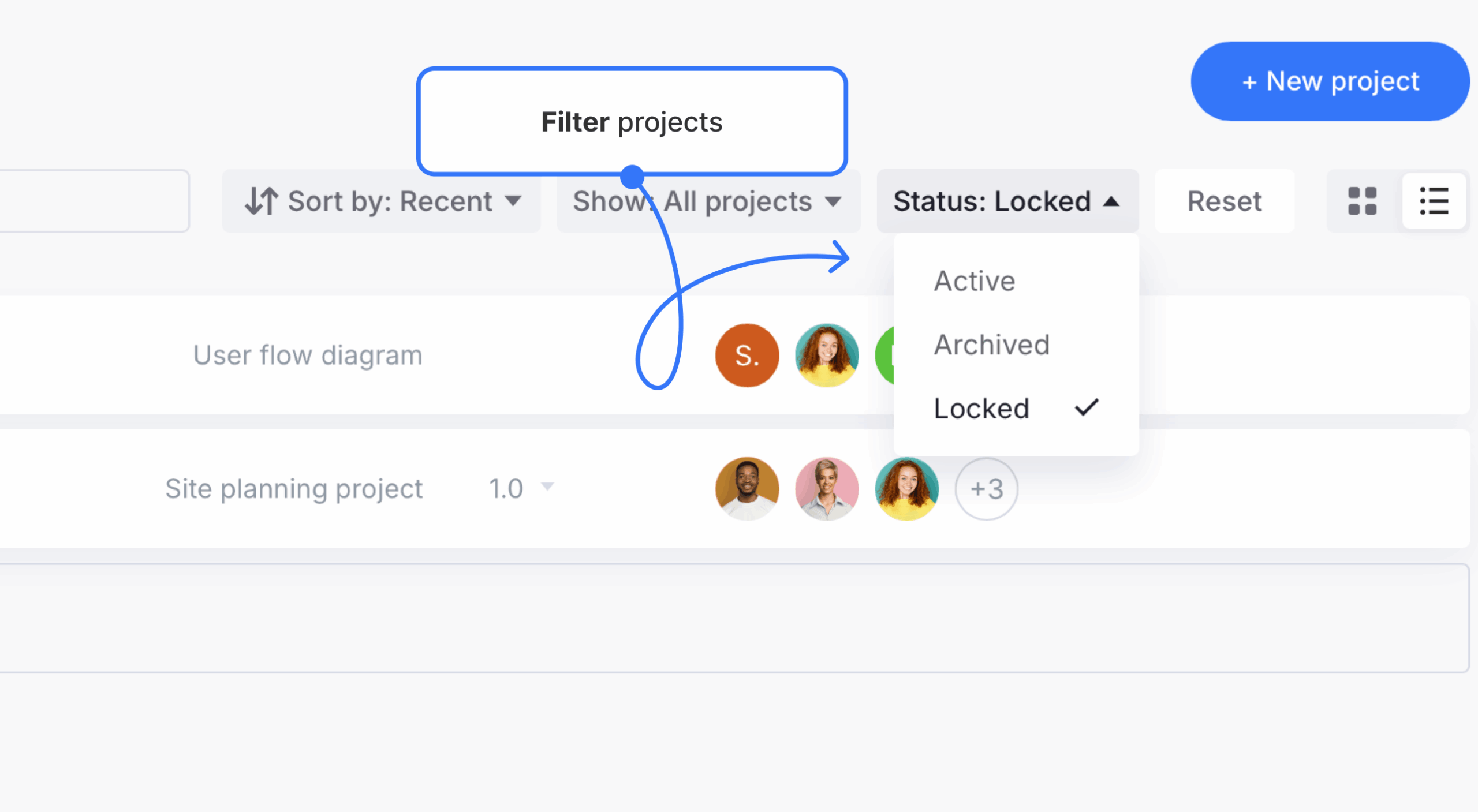 project status filter expanded in dashboard scaled