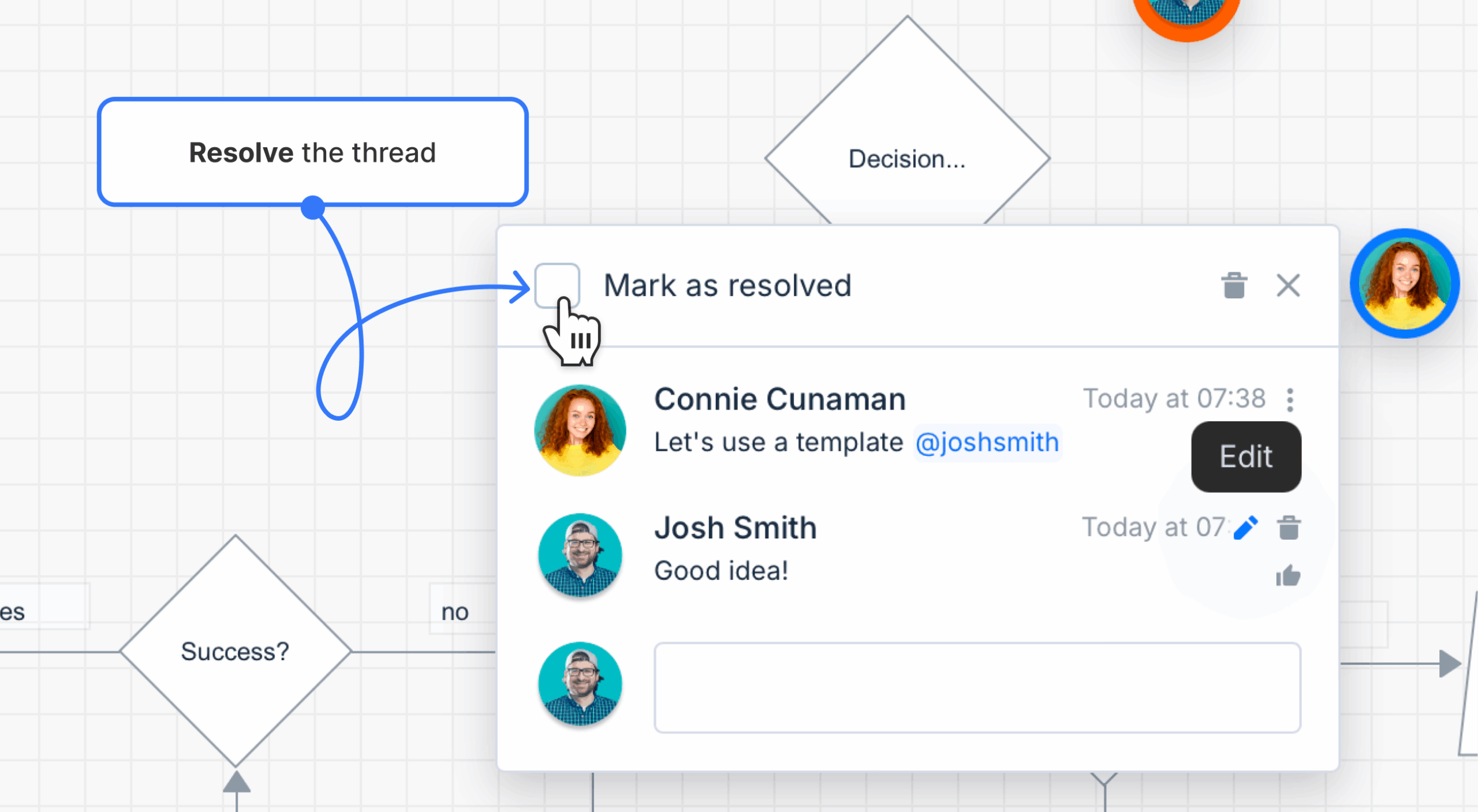 Caption arrow pointing on the resolve checkbox on diagram comment modal