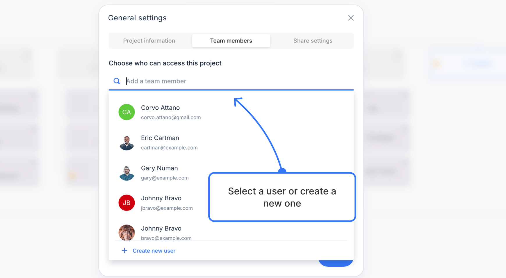 project general settings open with the team members tab selected and user search field expanded