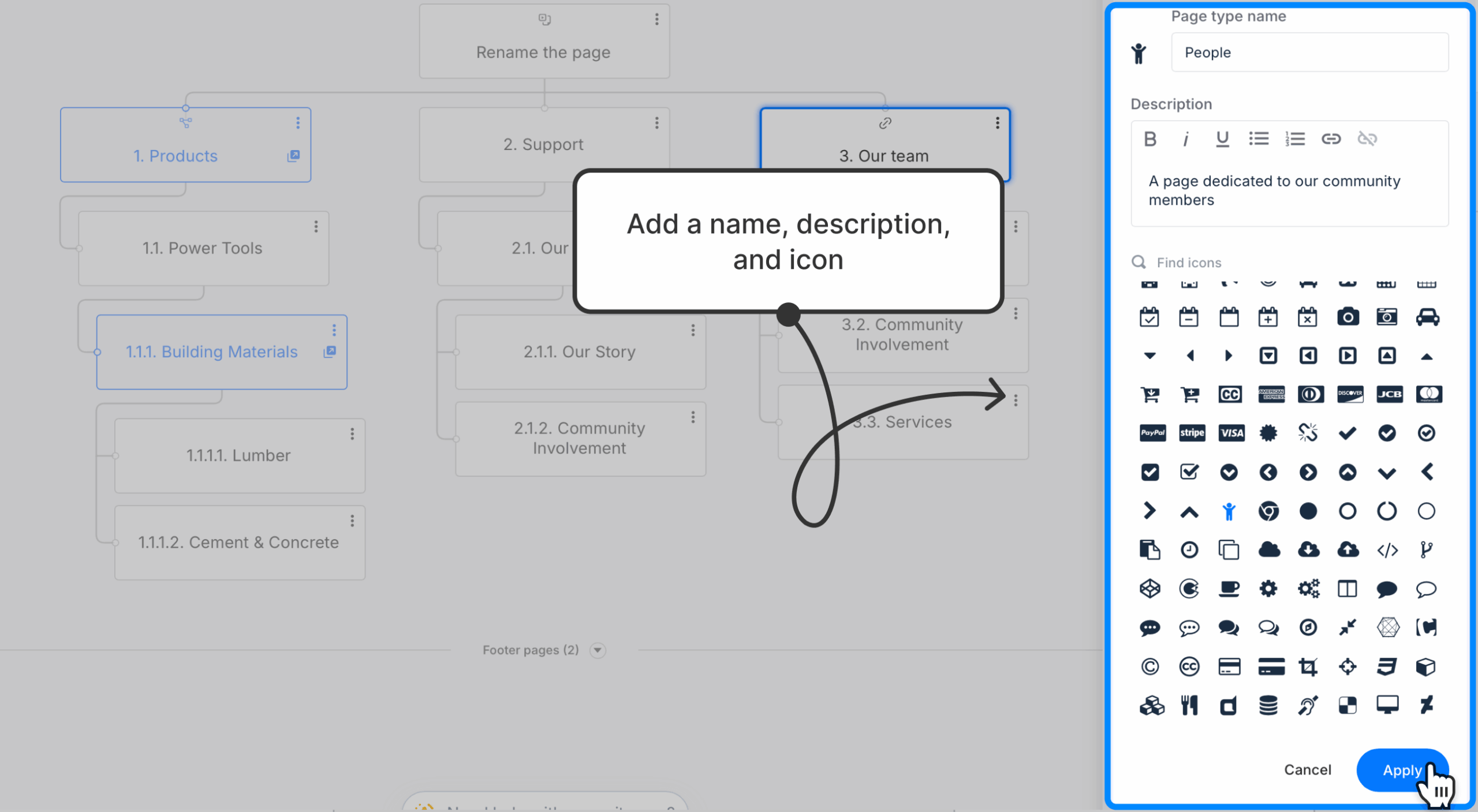 Describing a new symbol and selecting an icon from a large library.