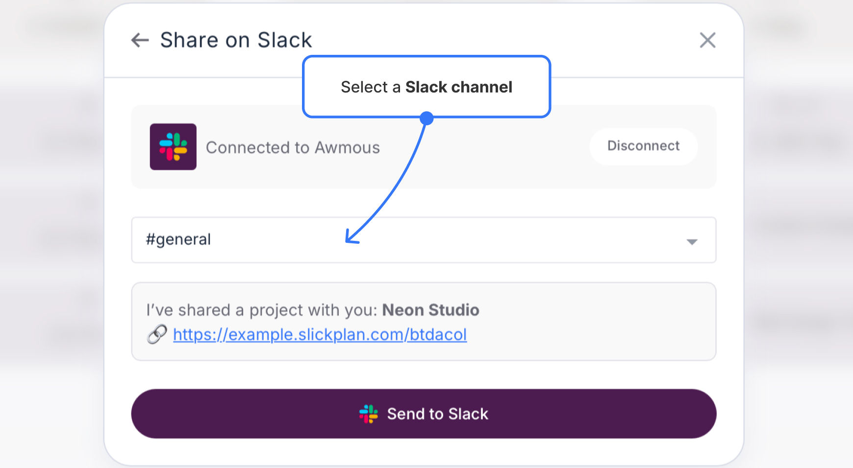 selecting slack channel from dropdown on project share modal