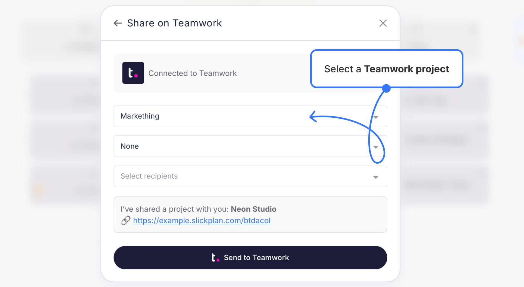 selecting teamwork project from dropdown on project share modal