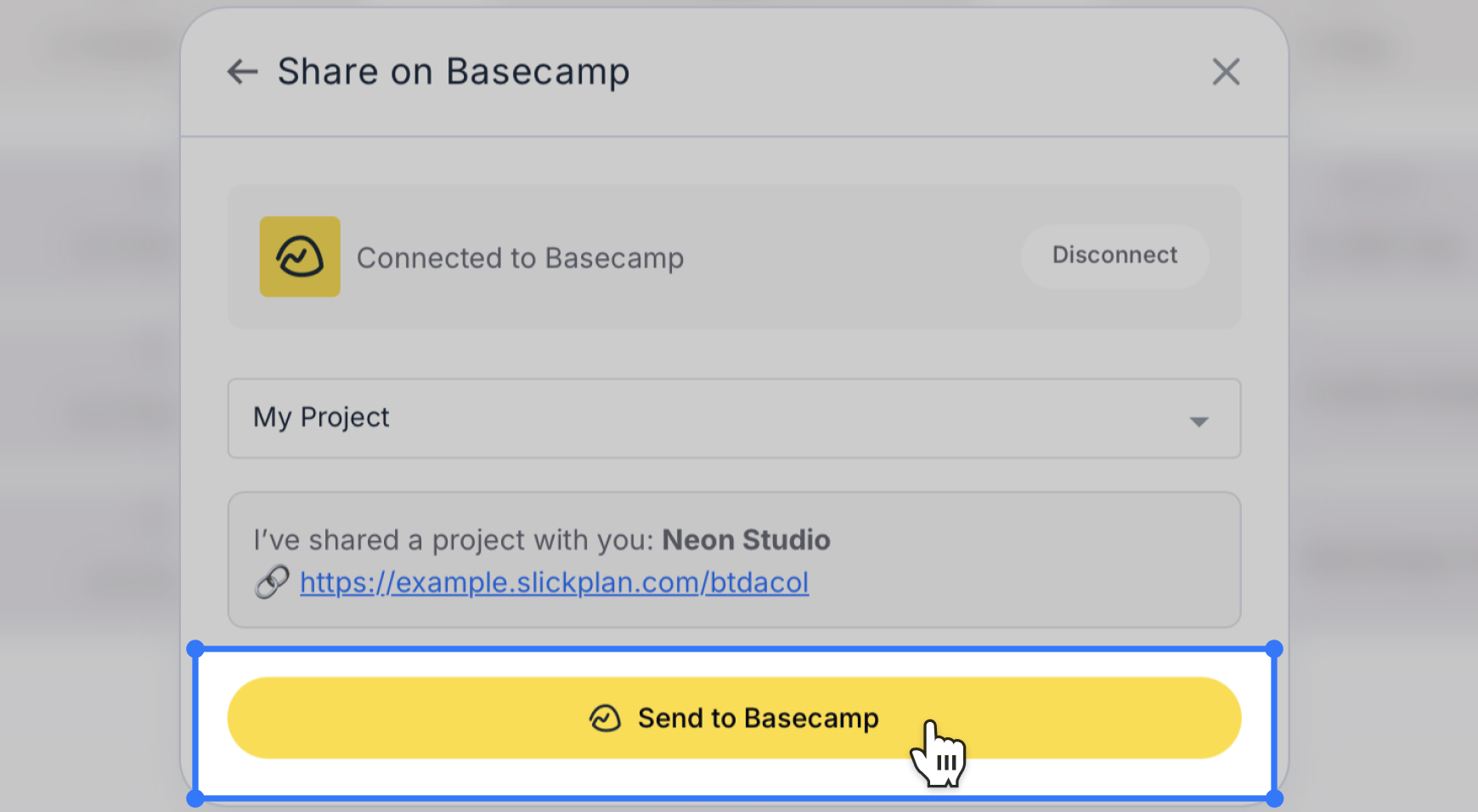 Clicking on highlighted Send to Basecamp button