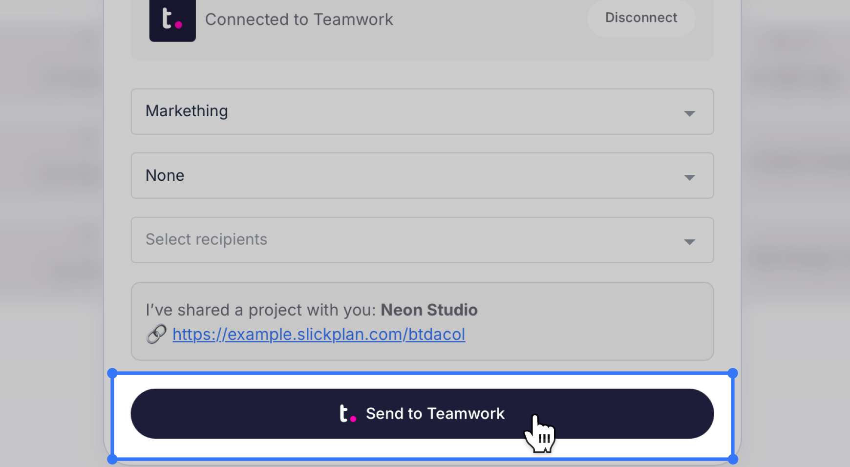 send to teamwork button highlighted