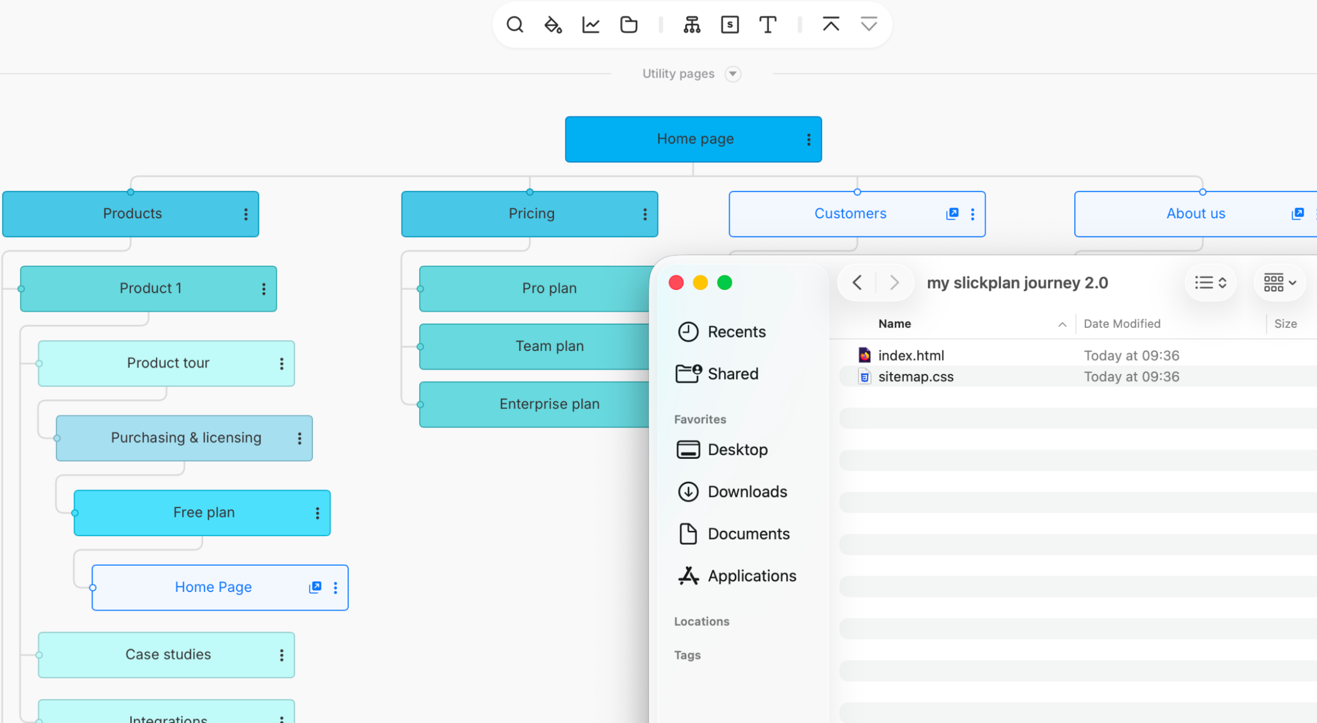 Visual sitemap view with partially overlaid folder with HTML exports