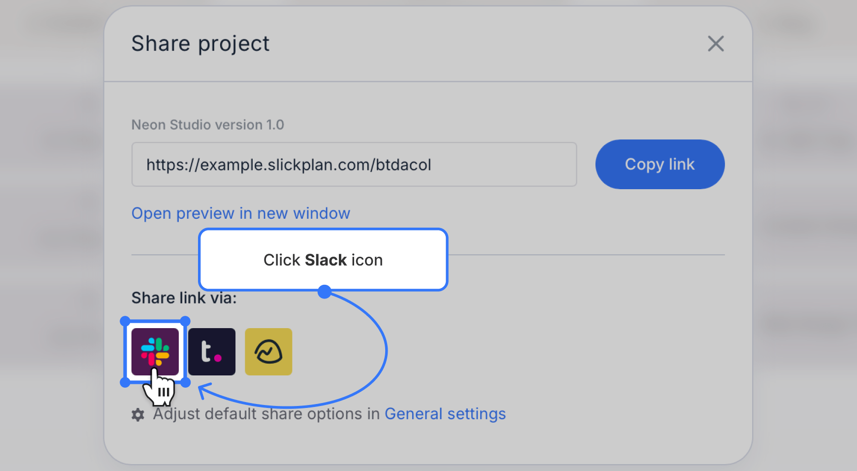 slack icon highlighted on the share modal