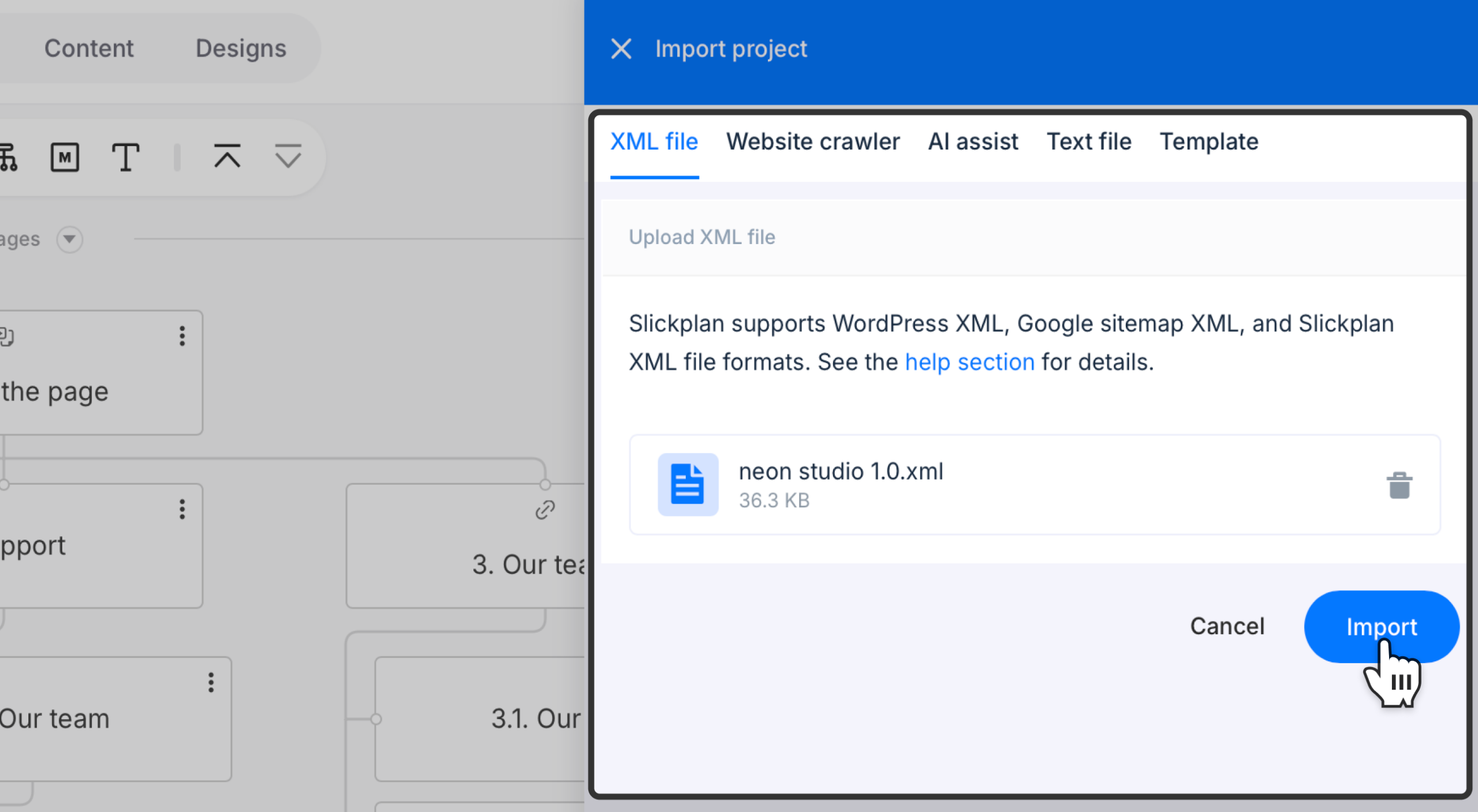 slickplan xml file uploaded into importer panel scaled