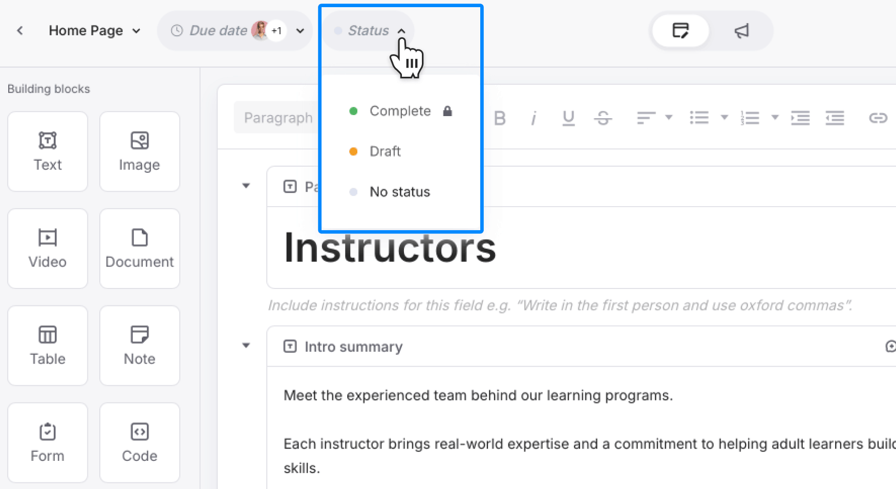 Status dropdown clearly shown within the Content Planner editor