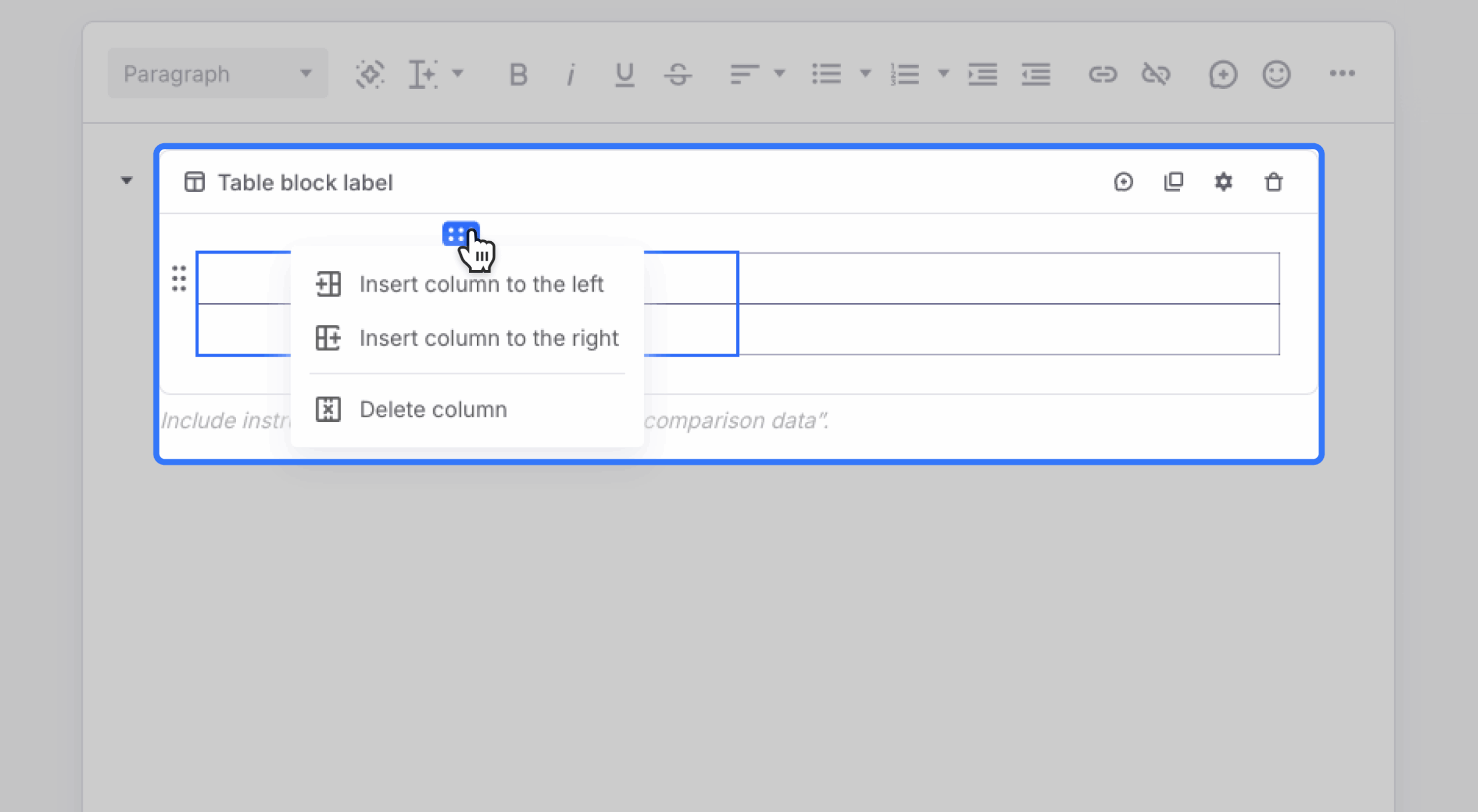 Tooltip with column editing options