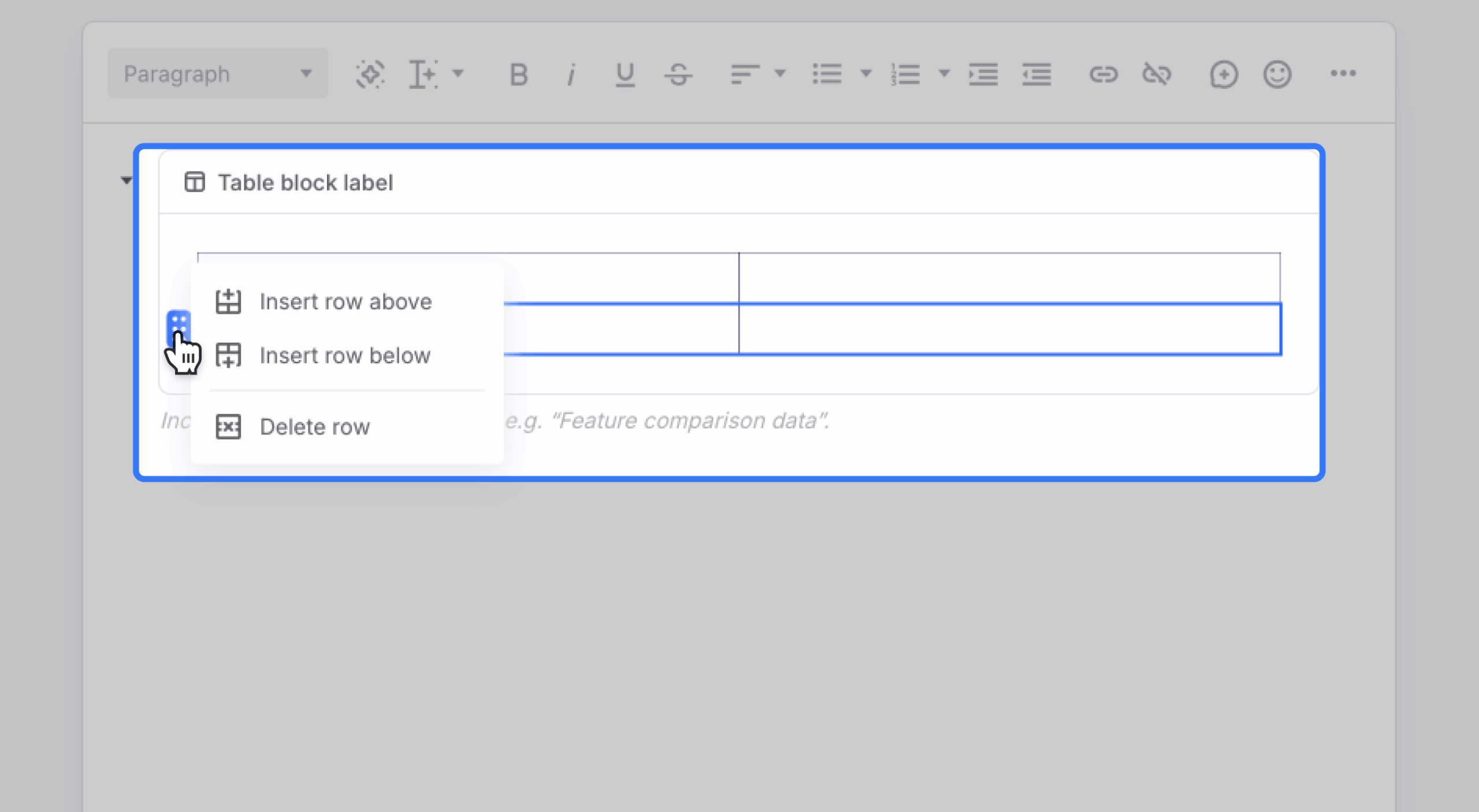 Tooltip with row editing options
