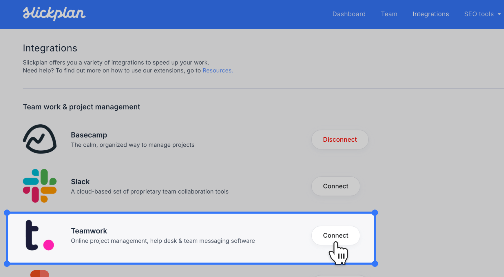 Slickplan's integration list with Teamwork highlighted